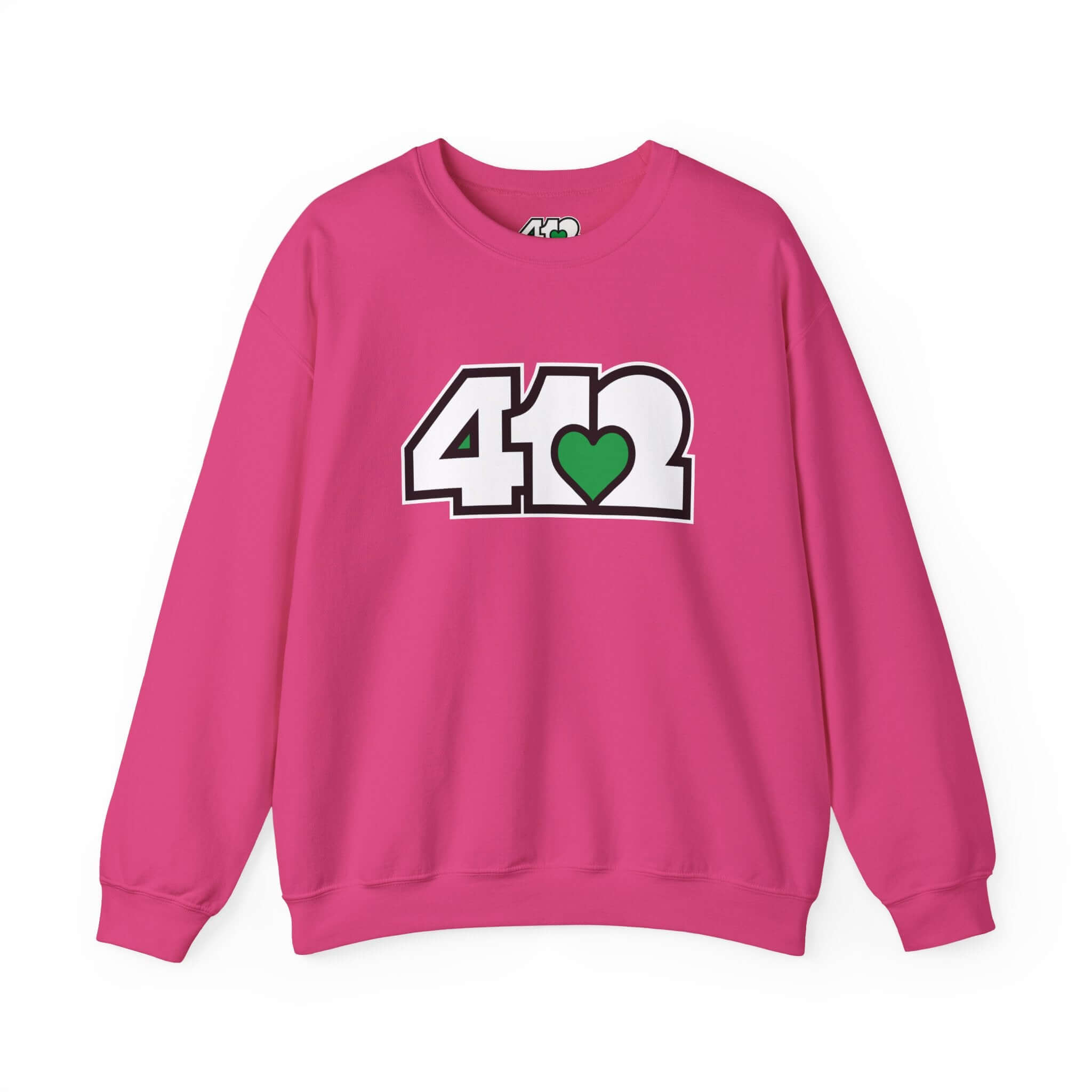 Pittsburgh Crewneck Sweatshirt | White and Green 412 Logo. Apparel Color: Heliconia. A blend of 50% cotton and 50% polyester for cozy durability. With an Elastic ribbed collar, and Double-needle stitching.