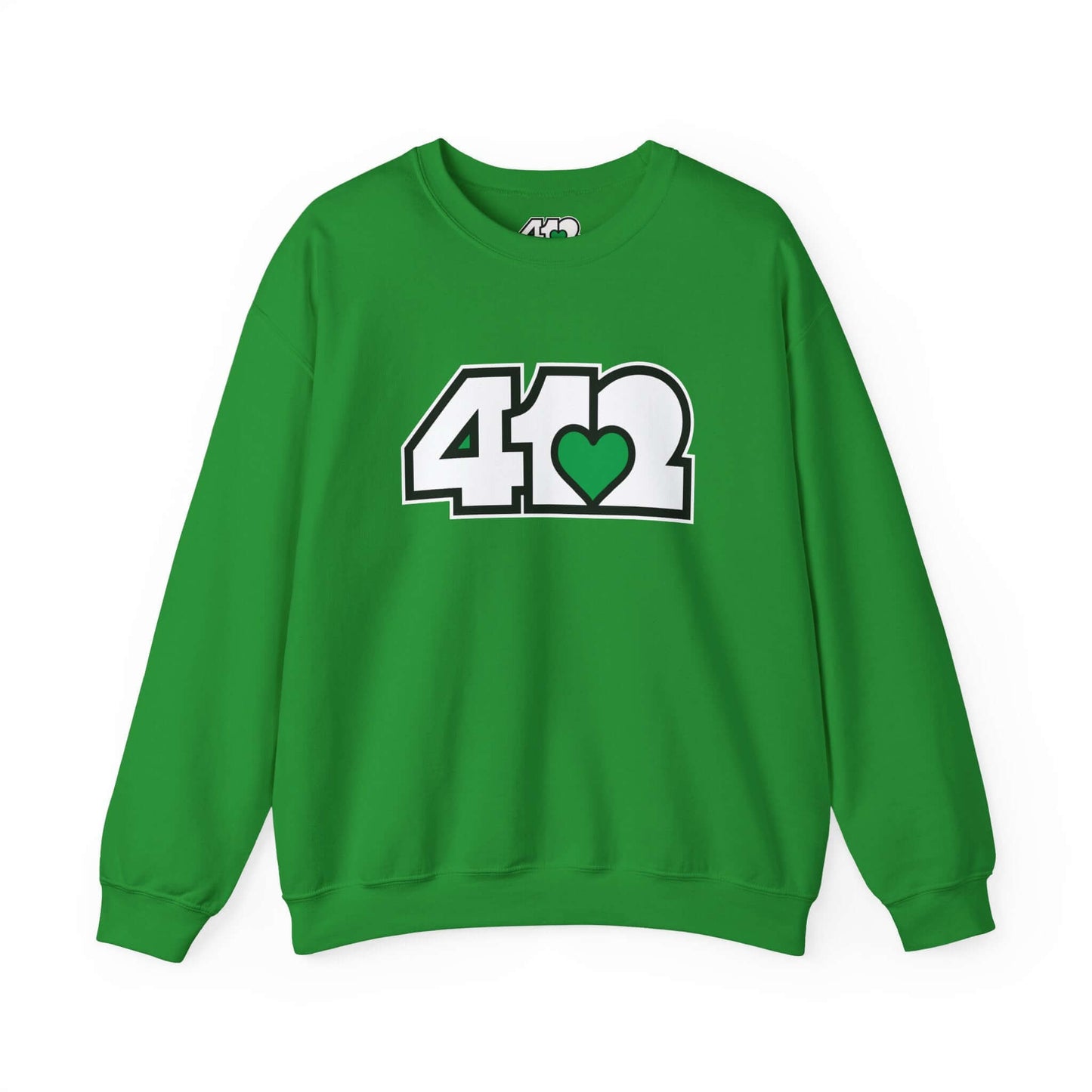 Pittsburgh Crewneck Sweatshirt | White and Green 412 Logo. Apparel Color: Irish Green. A blend of 50% cotton and 50% polyester for cozy durability. With an Elastic ribbed collar, and Double-needle stitching.