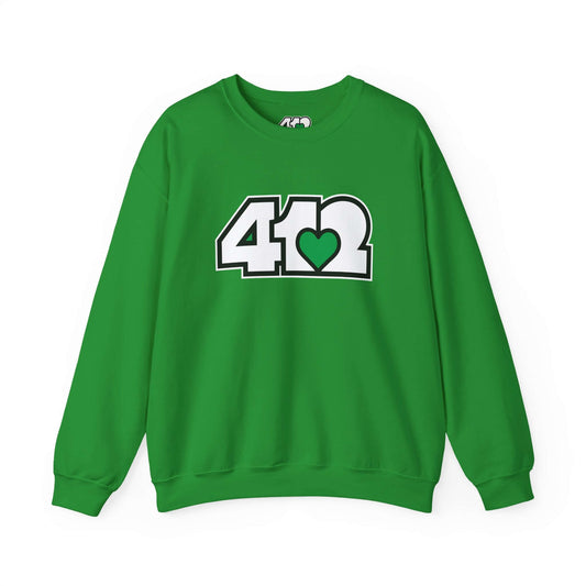 Pittsburgh Crewneck Sweatshirt | White and Green 412 Logo. Apparel Color: Irish Green. A blend of 50% cotton and 50% polyester for cozy durability. With an Elastic ribbed collar, and Double-needle stitching.
