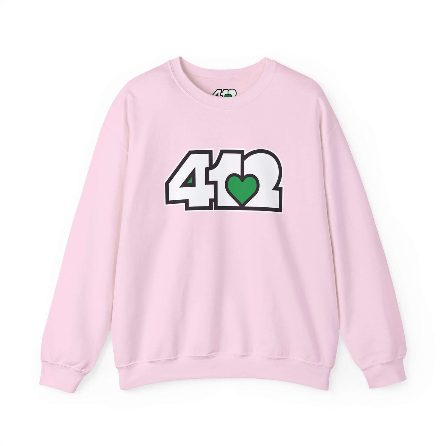 Pittsburgh Crewneck Sweatshirt | White and Green 412 Logo. Apparel Color: Light Pink. A blend of 50% cotton and 50% polyester for cozy durability. With an Elastic ribbed collar, and Double-needle stitching.