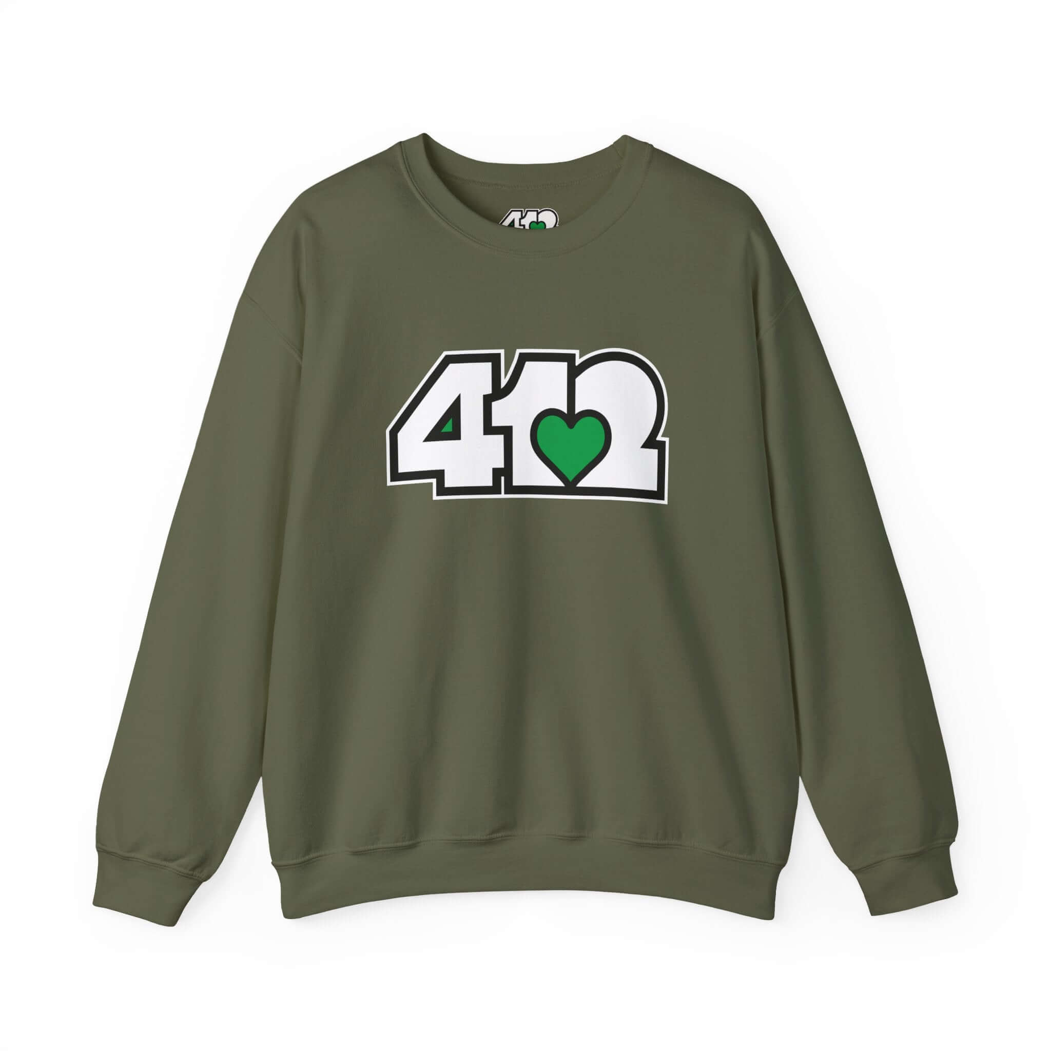 Pittsburgh Crewneck Sweatshirt | White and Green 412 Logo. Apparel Color: Military Green. A blend of 50% cotton and 50% polyester for cozy durability. With an Elastic ribbed collar, and Double-needle stitching.