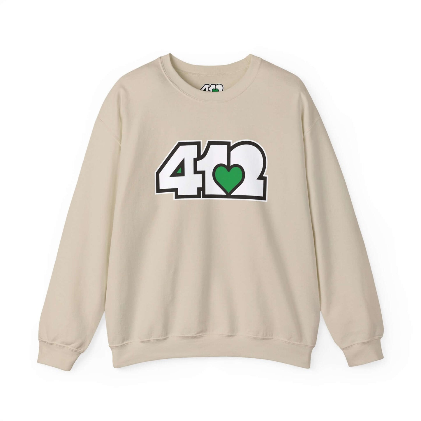 Pittsburgh Crewneck Sweatshirt | White and Green 412 Logo. Apparel Color: Sand. A blend of 50% cotton and 50% polyester for cozy durability. With an Elastic ribbed collar, and Double-needle stitching.
