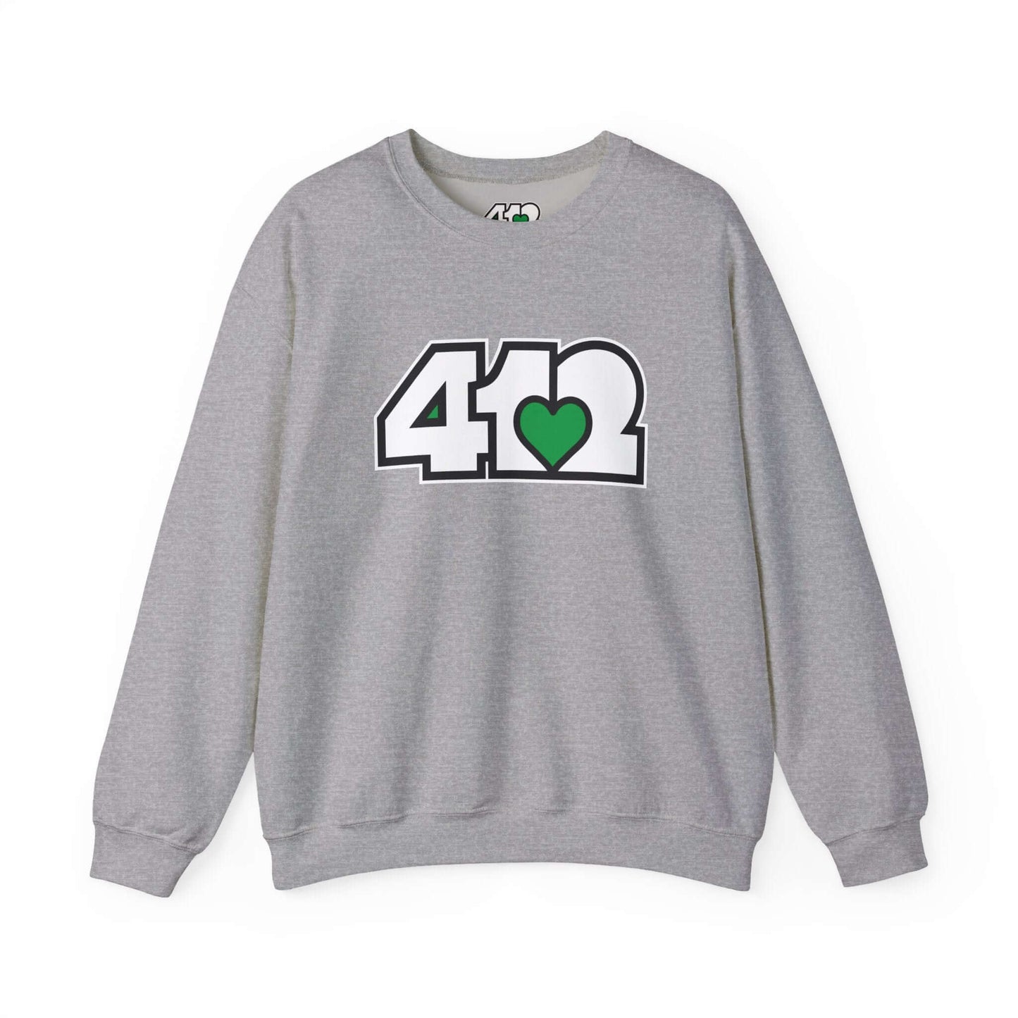 Pittsburgh Crewneck Sweatshirt | White and Green 412 Logo. Apparel Color: Sport Grey. A blend of 50% cotton and 50% polyester for cozy durability. With an Elastic ribbed collar, and Double-needle stitching.
