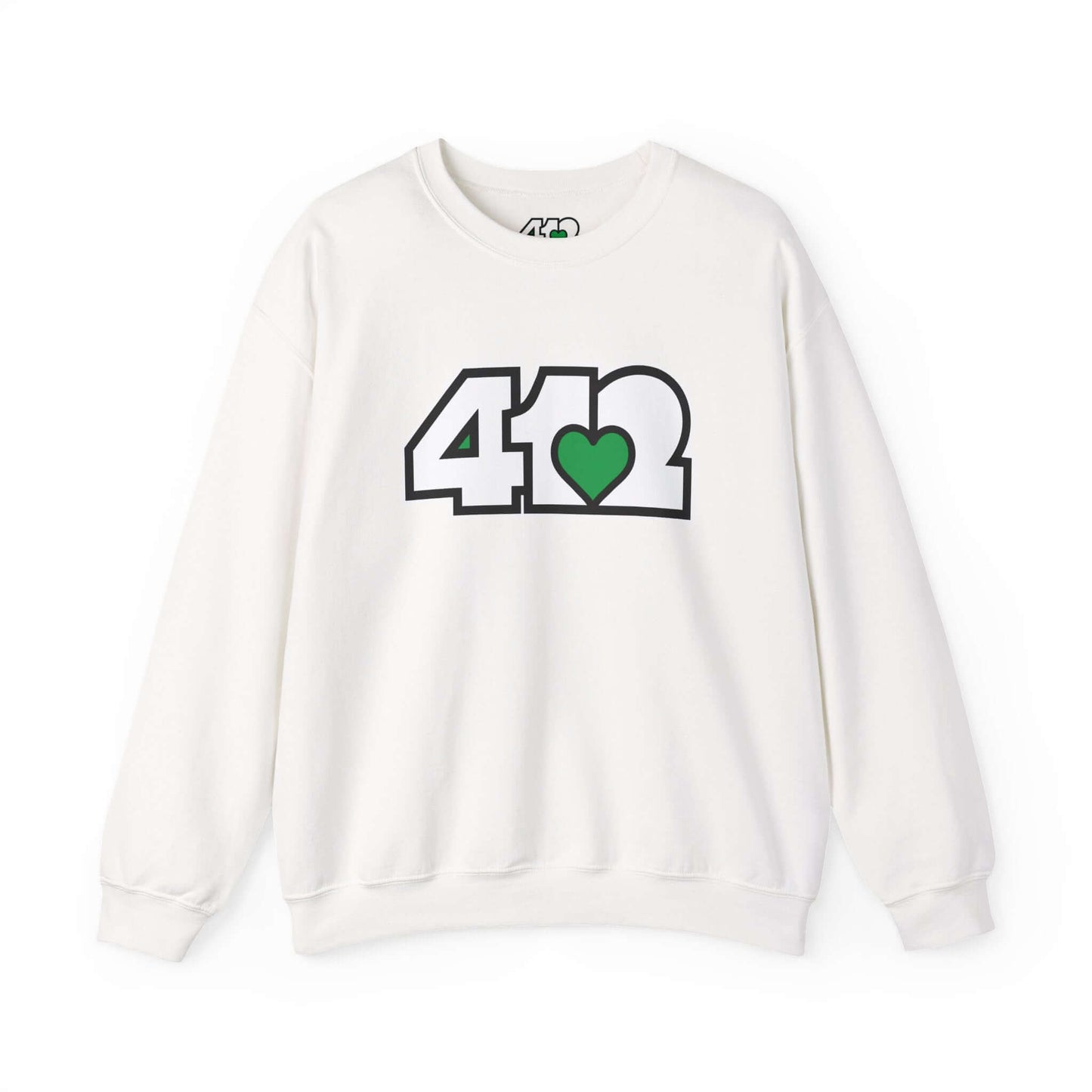 Pittsburgh Crewneck Sweatshirt | White and Green 412 Logo. Apparel Color: White. A blend of 50% cotton and 50% polyester for cozy durability. With an Elastic ribbed collar, and Double-needle stitching.