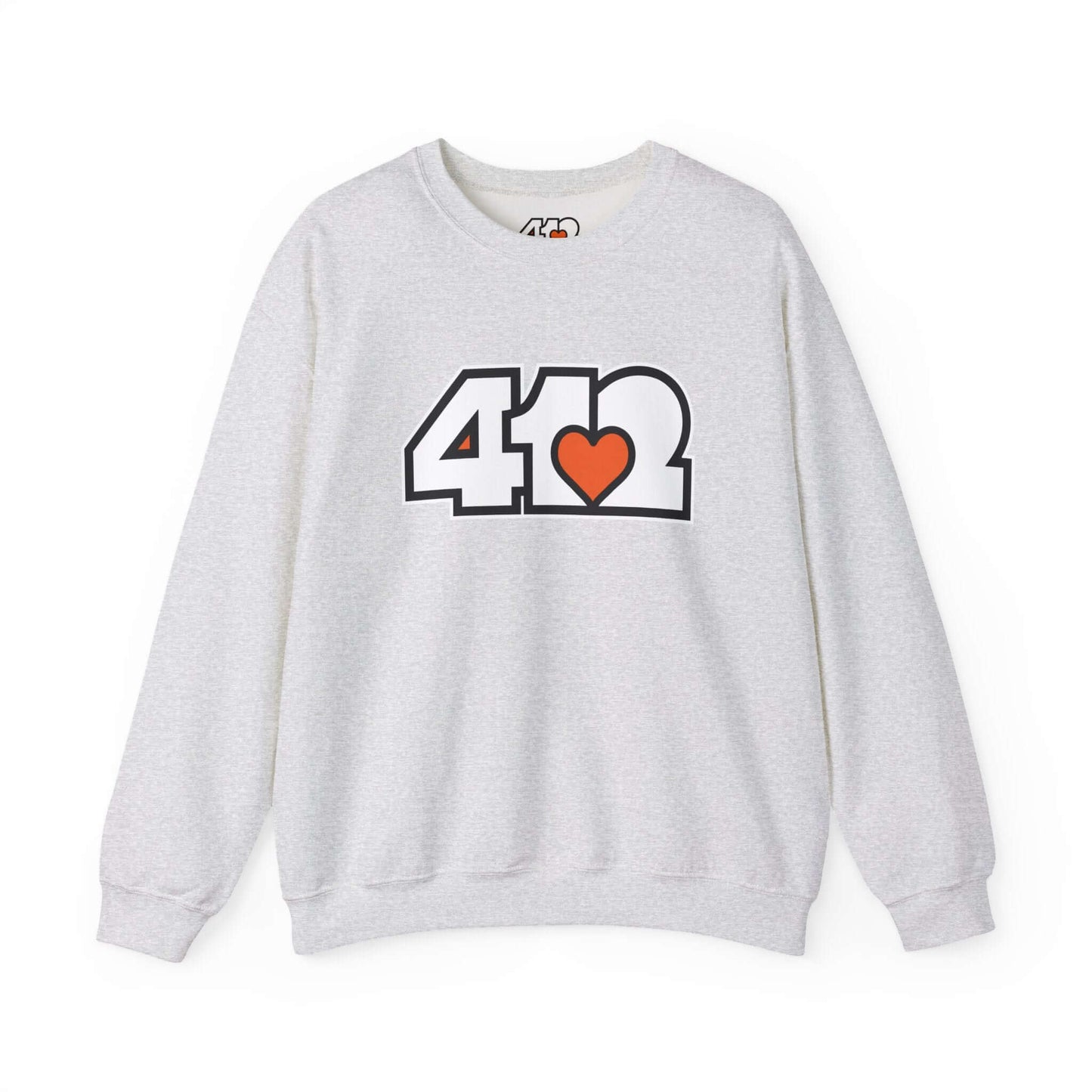 Pittsburgh Crewneck Sweatshirt | White and Orange 412 Logo. Apparel Color: Ash. A blend of 50% cotton and 50% polyester for cozy durability. With an Elastic ribbed collar, and Double-needle stitching.