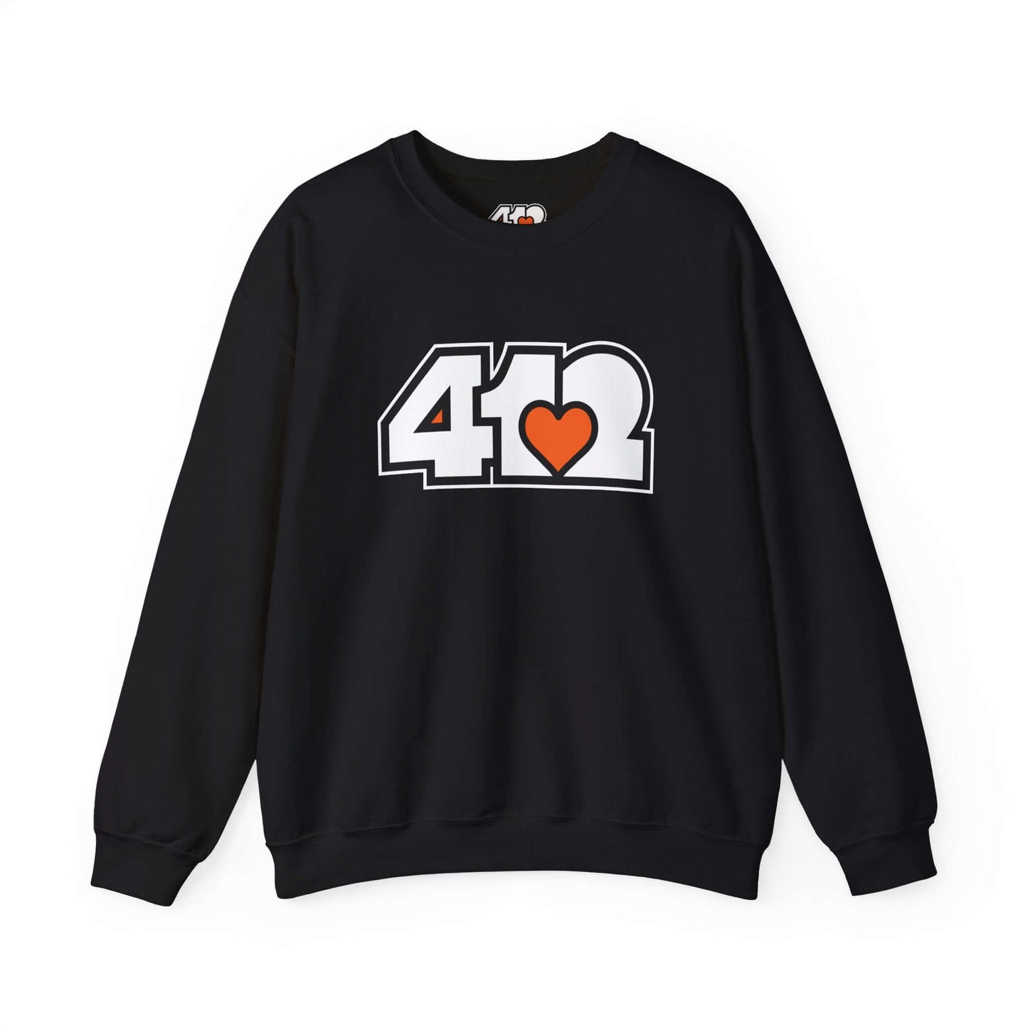 Pittsburgh Crewneck Sweatshirt | White and Orange 412 Logo. Apparel Color: Black. A blend of 50% cotton and 50% polyester for cozy durability. With an Elastic ribbed collar, and Double-needle stitching.
