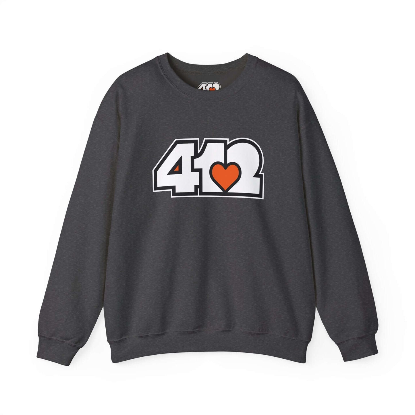 Pittsburgh Crewneck Sweatshirt | White and Orange 412 Logo. Apparel Color: Dark Heather. A blend of 50% cotton and 50% polyester for cozy durability. With an Elastic ribbed collar, and Double-needle stitching.