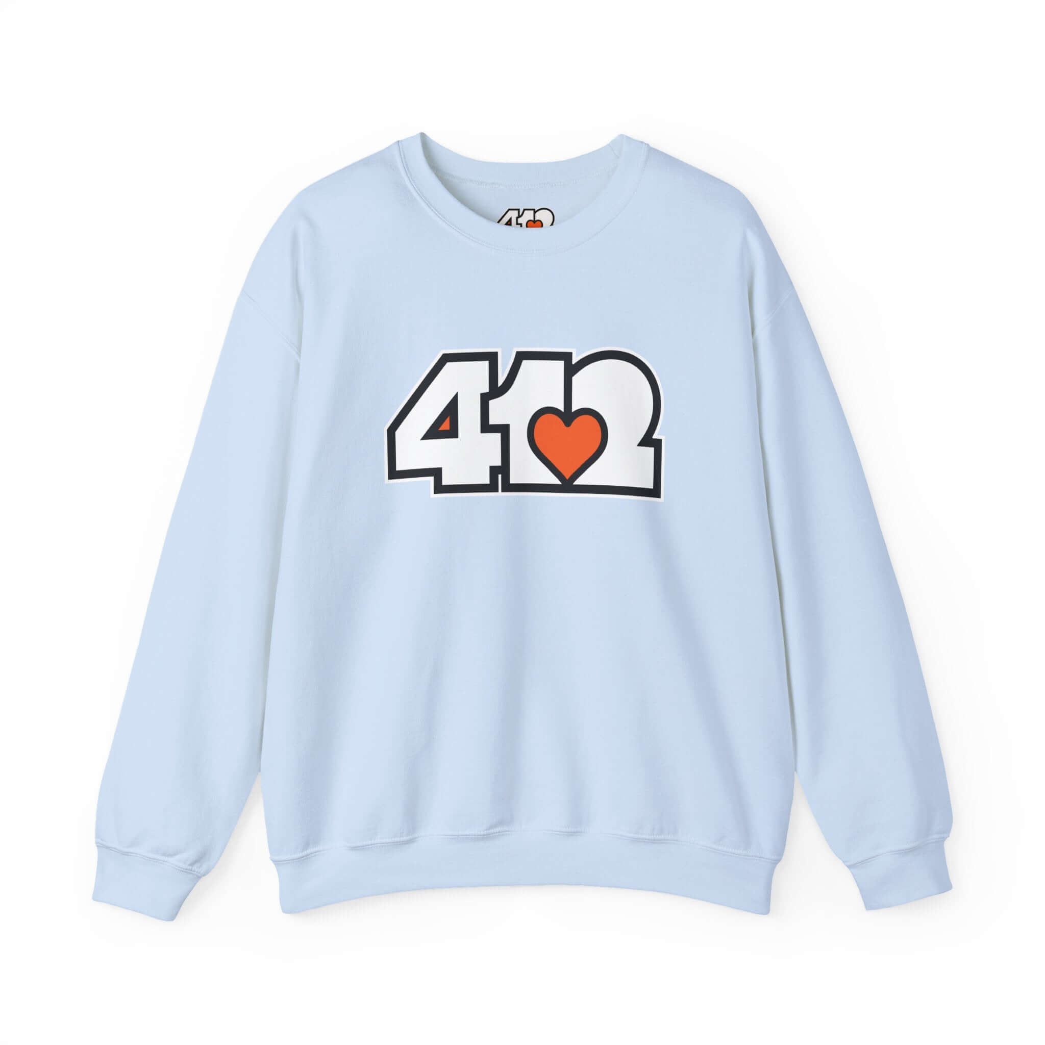 Pittsburgh Crewneck Sweatshirt | White and Orange 412 Logo. Apparel Color: Light Blue. A blend of 50% cotton and 50% polyester for cozy durability. With an Elastic ribbed collar, and Double-needle stitching.