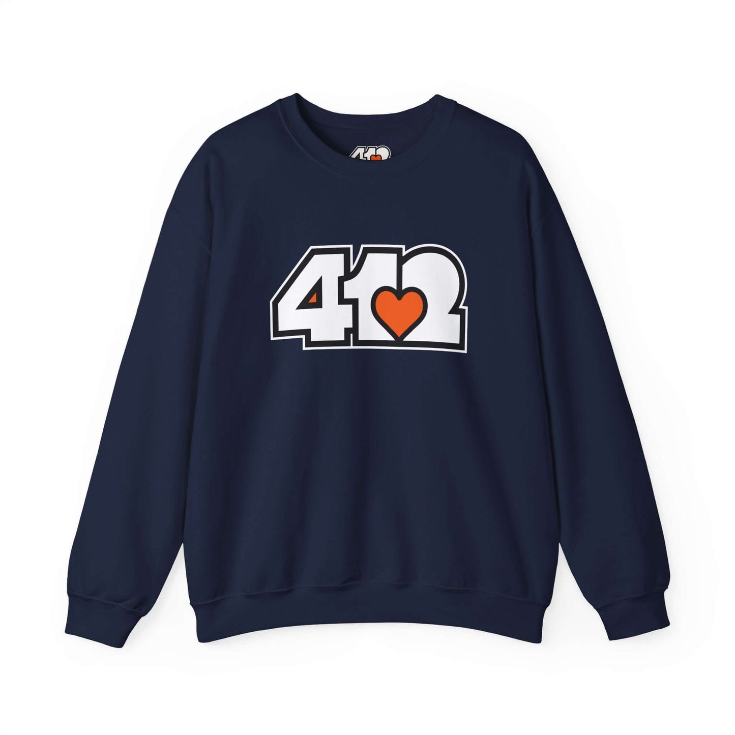 Pittsburgh Crewneck Sweatshirt | White and Orange 412 Logo. Apparel Color: Navy. A blend of 50% cotton and 50% polyester for cozy durability. With an Elastic ribbed collar, and Double-needle stitching.