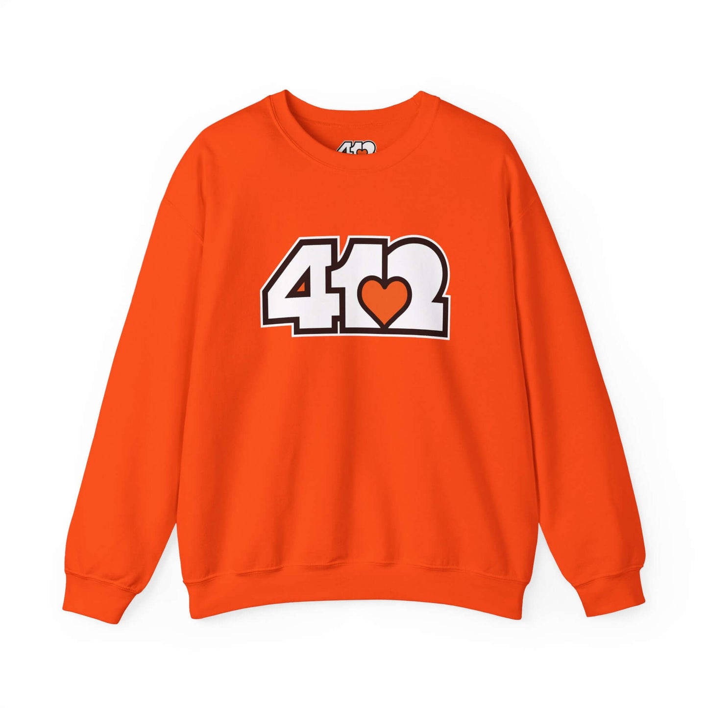 Pittsburgh Crewneck Sweatshirt | White and Orange 412 Logo. Apparel Color: Orange. A blend of 50% cotton and 50% polyester for cozy durability. With an Elastic ribbed collar, and Double-needle stitching.