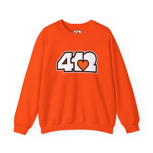 Pittsburgh Crewneck Sweatshirt | White and Orange 412 Logo. Apparel Color: Orange. A blend of 50% cotton and 50% polyester for cozy durability. With an Elastic ribbed collar, and Double-needle stitching.