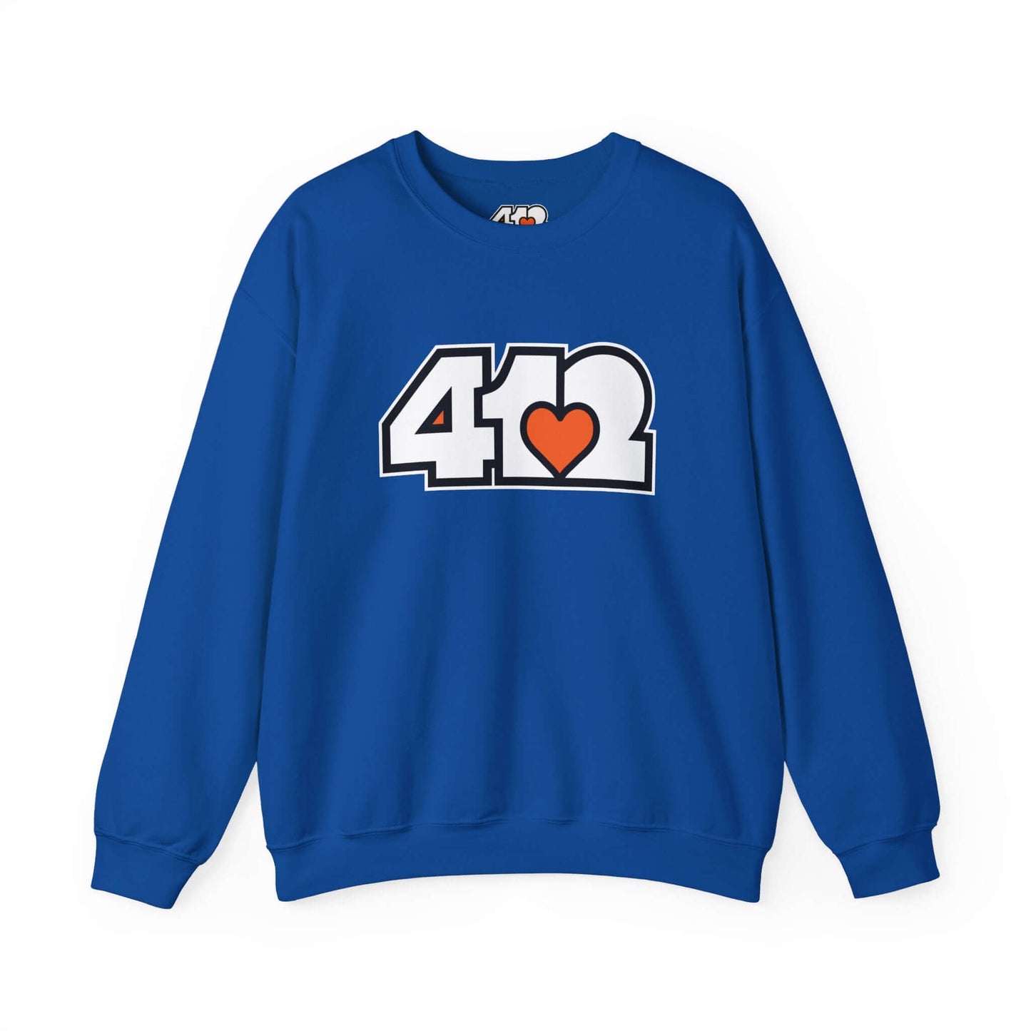 Pittsburgh Crewneck Sweatshirt | White and Orange 412 Logo. Apparel Color: Royal. A blend of 50% cotton and 50% polyester for cozy durability. With an Elastic ribbed collar, and Double-needle stitching.