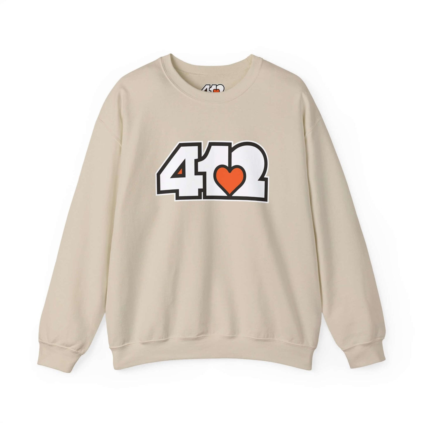 Pittsburgh Crewneck Sweatshirt | White and Orange 412 Logo. Apparel Color: Sand. A blend of 50% cotton and 50% polyester for cozy durability. With an Elastic ribbed collar, and Double-needle stitching.