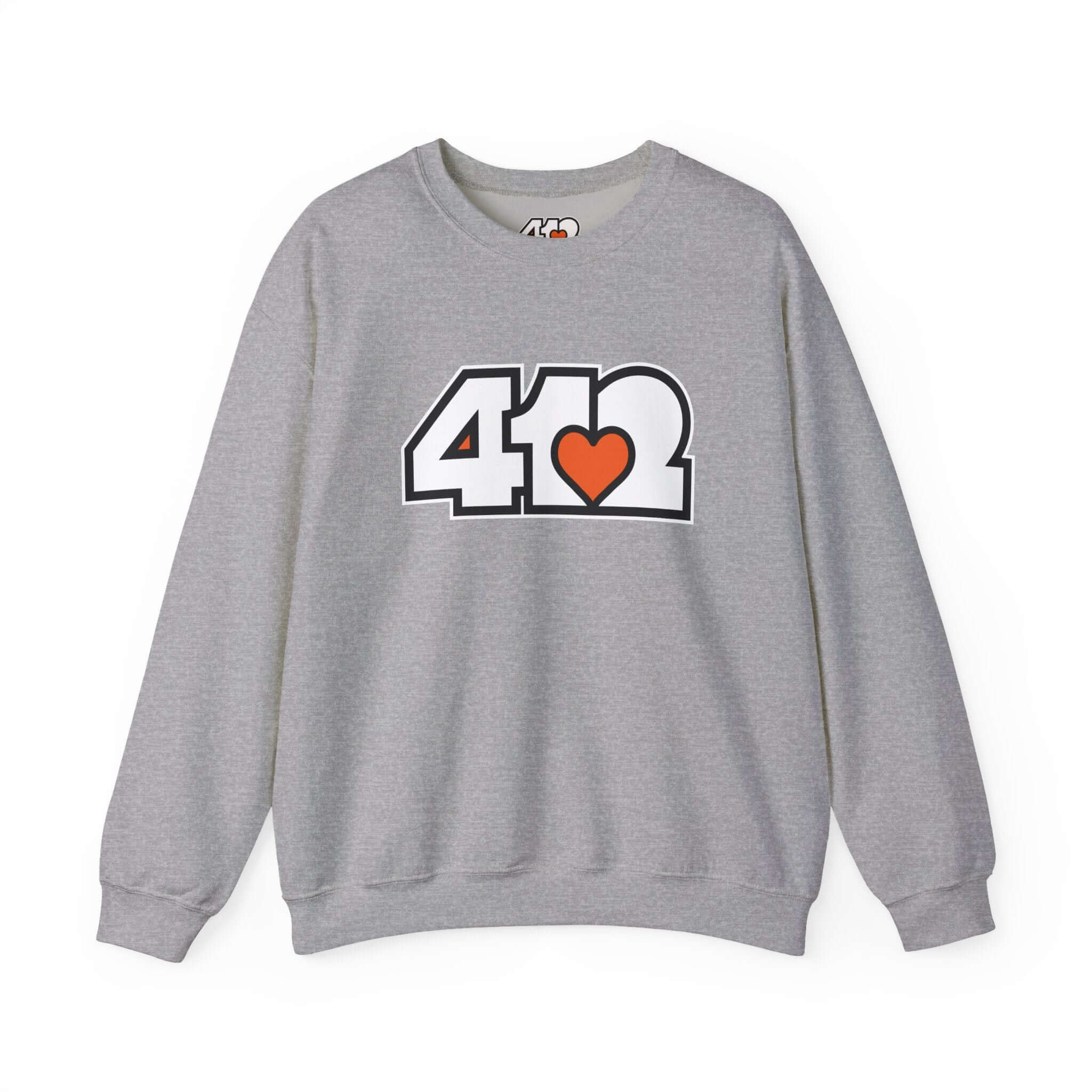 Pittsburgh Crewneck Sweatshirt | White and Orange 412 Logo. Apparel Color: Sport Grey. A blend of 50% cotton and 50% polyester for cozy durability. With an Elastic ribbed collar, and Double-needle stitching.