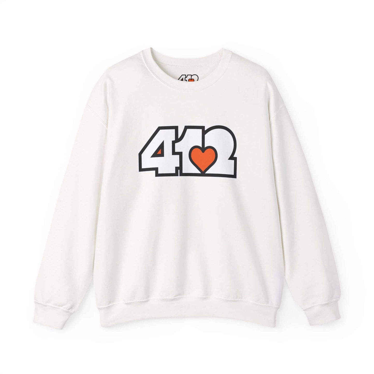 Pittsburgh Crewneck Sweatshirt | White and Orange 412 Logo. Apparel Color: White. A blend of 50% cotton and 50% polyester for cozy durability. With an Elastic ribbed collar, and Double-needle stitching.