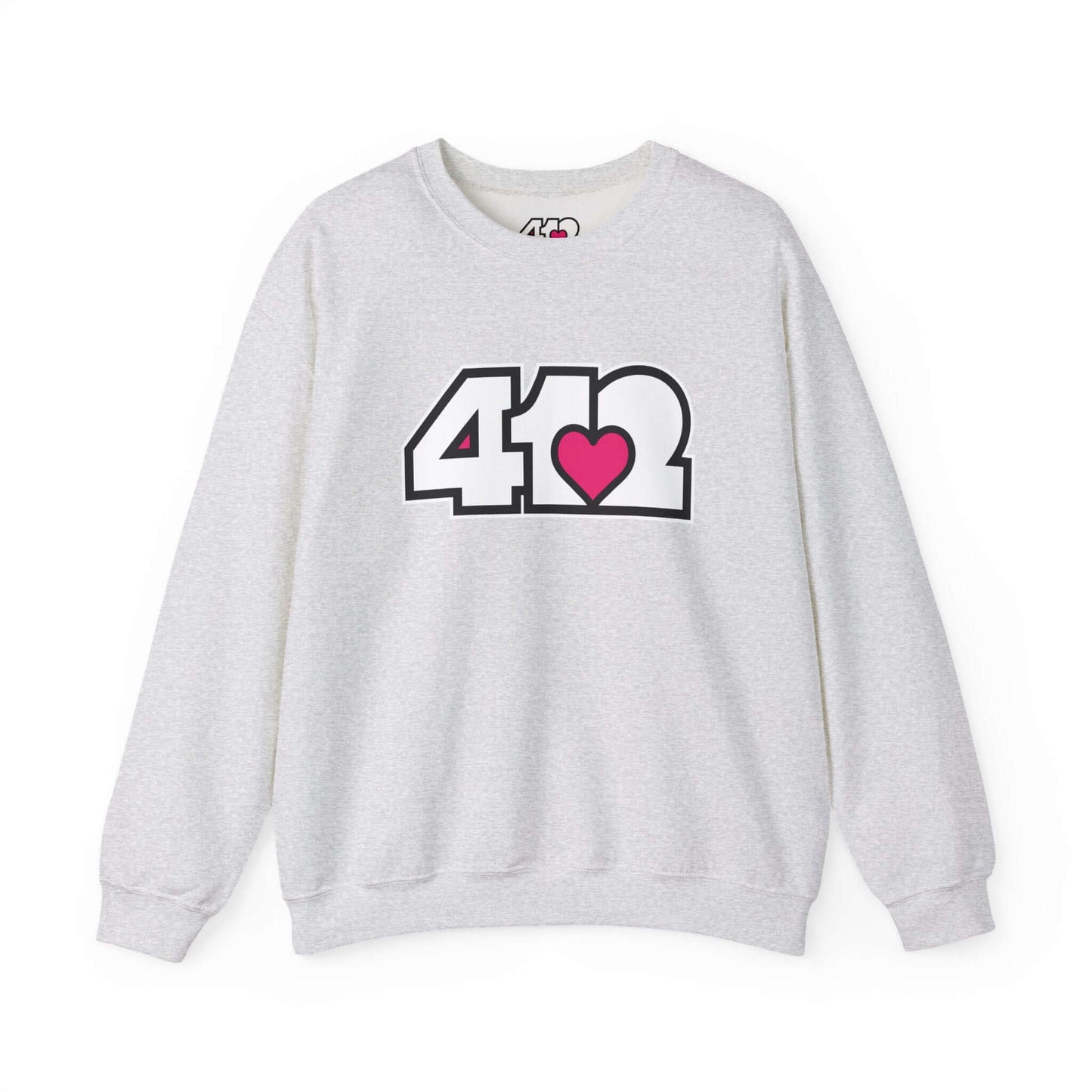 Pittsburgh Crewneck Sweatshirt | White and Pink 412 Logo. Apparel Color: Ash. A blend of 50% cotton and 50% polyester for cozy durability. With an Elastic ribbed collar, and Double-needle stitching.