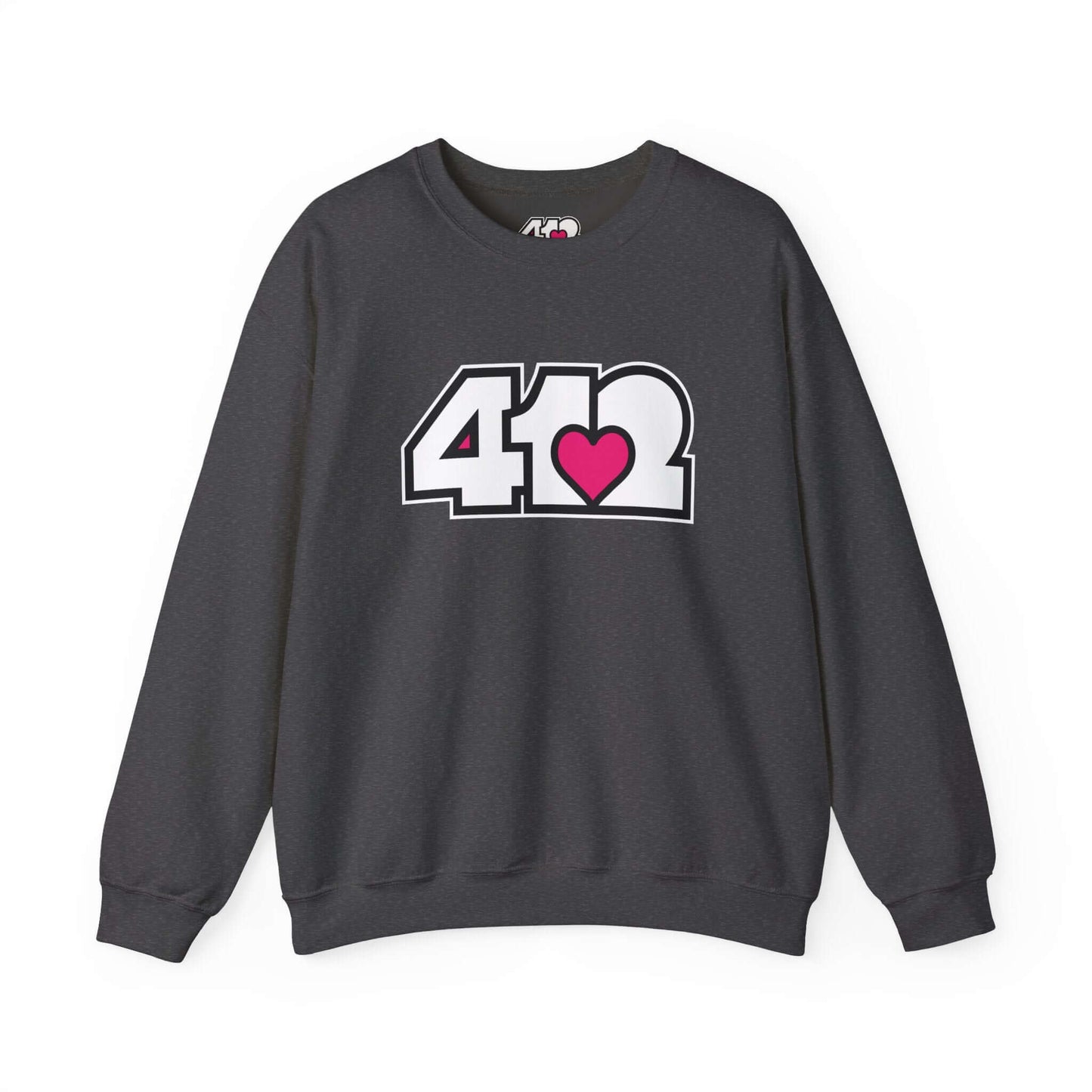 Pittsburgh Crewneck Sweatshirt | White and Pink 412 Logo. Apparel Color: Dark Heather. A blend of 50% cotton and 50% polyester for cozy durability. With an Elastic ribbed collar, and Double-needle stitching.