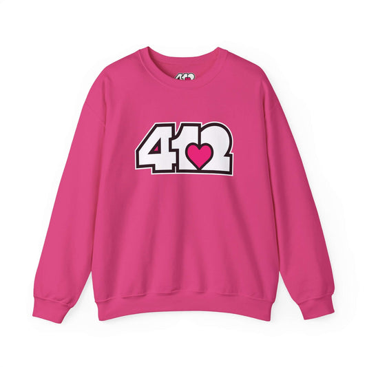 Pittsburgh Crewneck Sweatshirt | White and Pink 412 Logo. Apparel Color: Heliconia. A blend of 50% cotton and 50% polyester for cozy durability. With an Elastic ribbed collar, and Double-needle stitching.