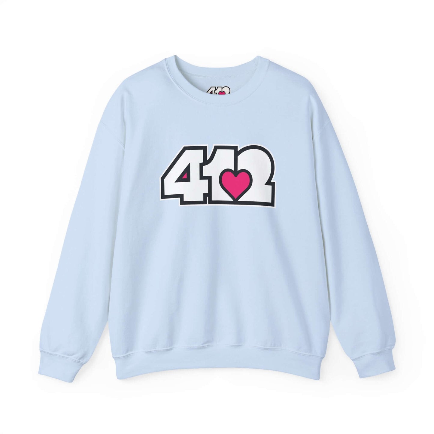 Pittsburgh Crewneck Sweatshirt | White and Pink 412 Logo. Apparel Color: Light Blue. A blend of 50% cotton and 50% polyester for cozy durability. With an Elastic ribbed collar, and Double-needle stitching.