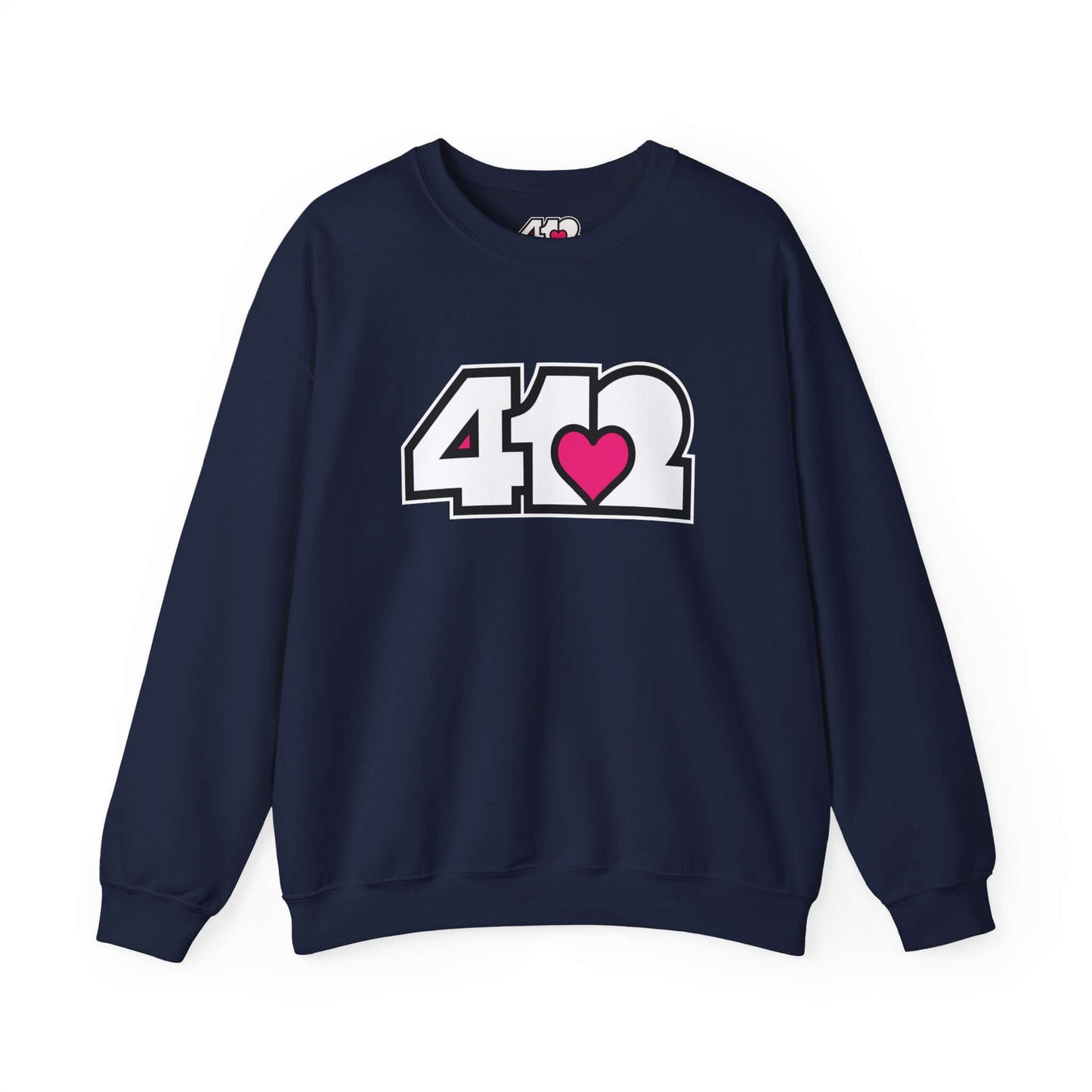 Pittsburgh Crewneck Sweatshirt | White and Pink 412 Logo. Apparel Color: Navy. A blend of 50% cotton and 50% polyester for cozy durability. With an Elastic ribbed collar, and Double-needle stitching.