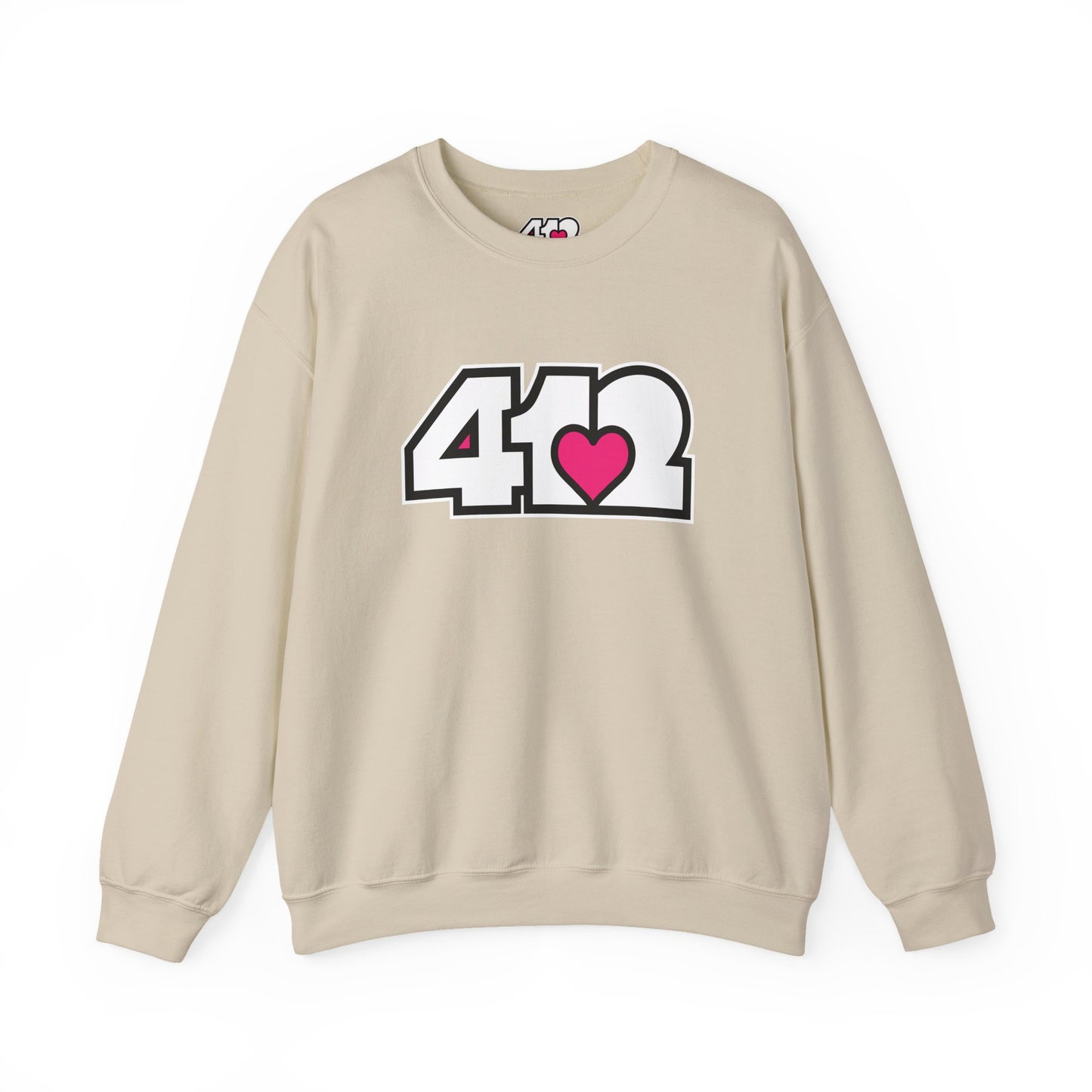 Pittsburgh Crewneck Sweatshirt | White and Pink 412 Logo. Apparel Color: Sand. A blend of 50% cotton and 50% polyester for cozy durability. With an Elastic ribbed collar, and Double-needle stitching.