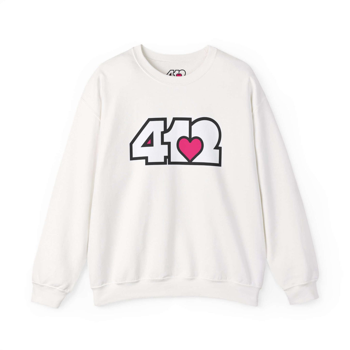 Pittsburgh Crewneck Sweatshirt | White and Pink 412 Logo. Apparel Color: White. A blend of 50% cotton and 50% polyester for cozy durability. With an Elastic ribbed collar, and Double-needle stitching.