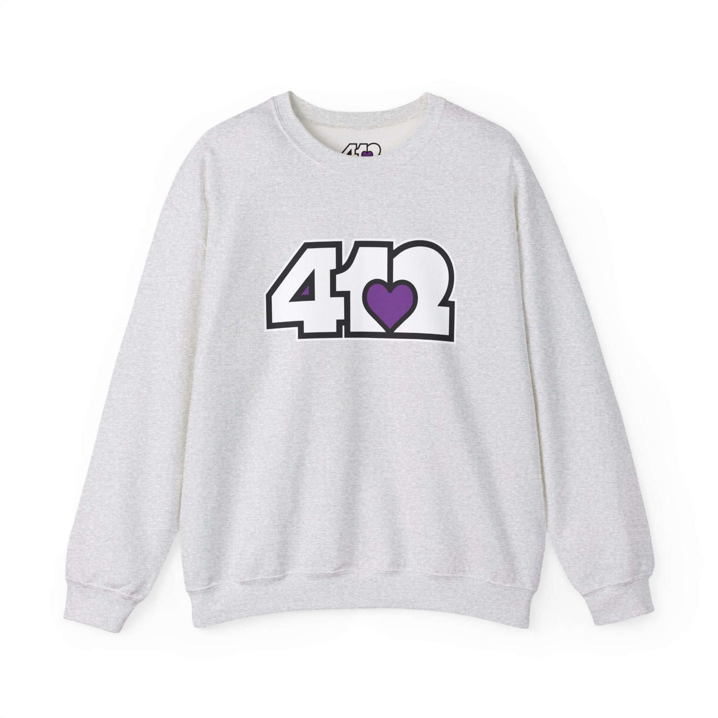 Pittsburgh Crewneck Sweatshirt | White and Purple 412 Logo. Apparel Color: Ash. A blend of 50% cotton and 50% polyester for cozy durability. With an Elastic ribbed collar, and Double-needle stitching.