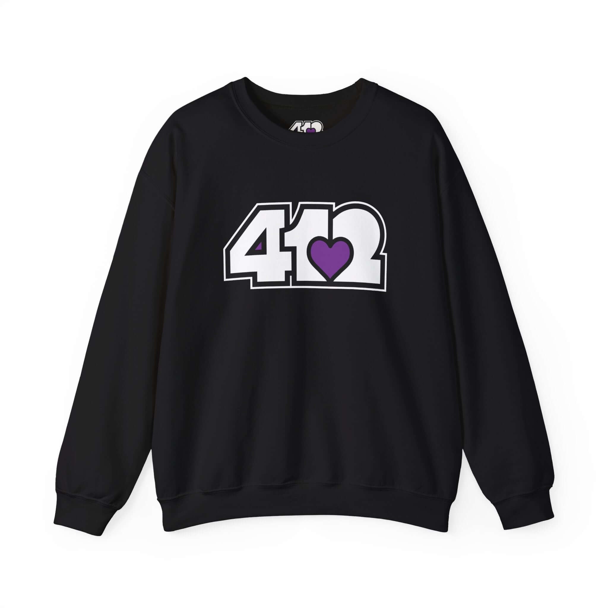 Pittsburgh Crewneck Sweatshirt | White and Purple 412 Logo. Apparel Color: Black. A blend of 50% cotton and 50% polyester for cozy durability. With an Elastic ribbed collar, and Double-needle stitching.