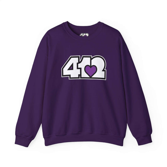 Pittsburgh Crewneck Sweatshirt | White and Purple 412 Logo. Apparel Color: Purple. A blend of 50% cotton and 50% polyester for cozy durability. With an Elastic ribbed collar, and Double-needle stitching.