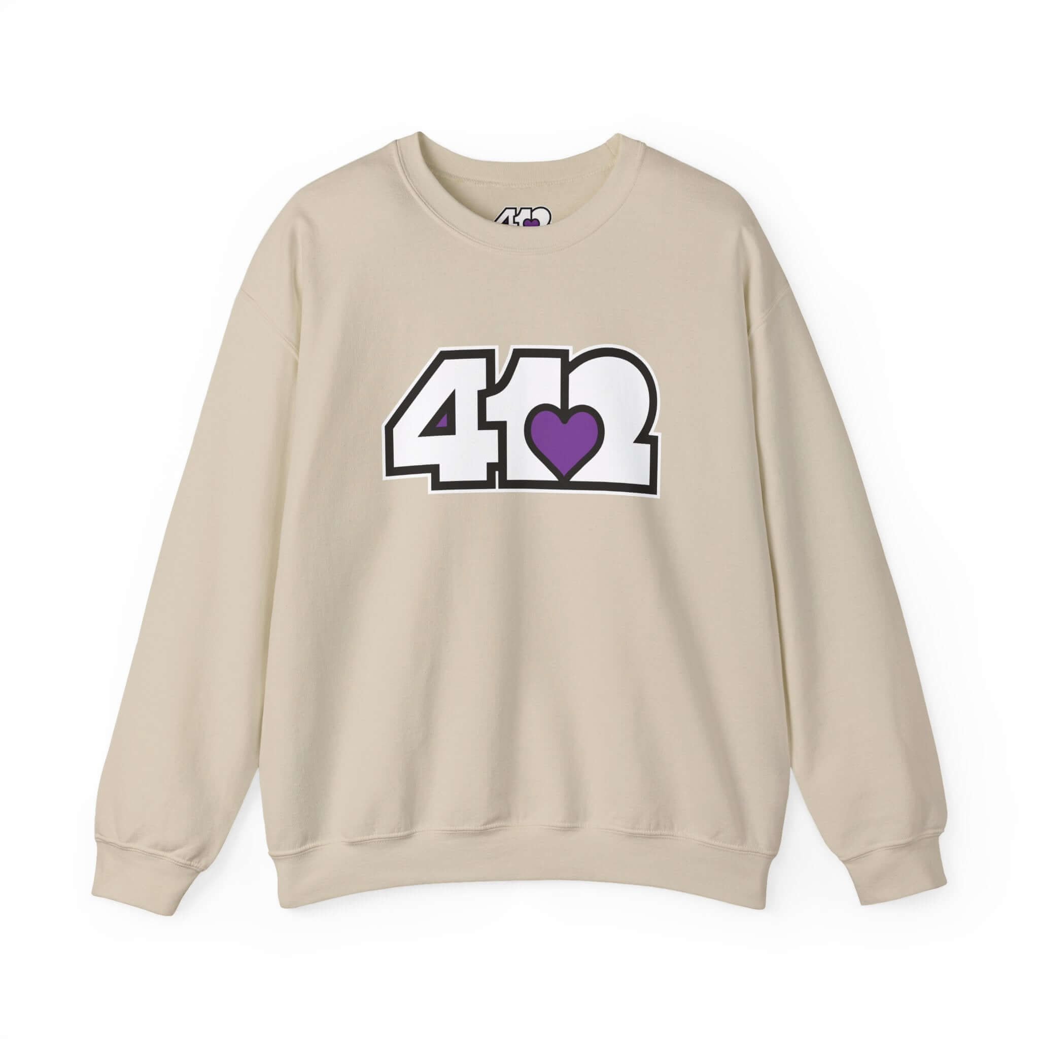 Pittsburgh Crewneck Sweatshirt | White and Purple 412 Logo. Apparel Color: Sand. A blend of 50% cotton and 50% polyester for cozy durability. With an Elastic ribbed collar, and Double-needle stitching.