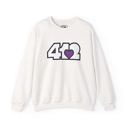 Pittsburgh Crewneck Sweatshirt | White and Purple 412 Logo. Apparel Color: White. A blend of 50% cotton and 50% polyester for cozy durability. With an Elastic ribbed collar, and Double-needle stitching.