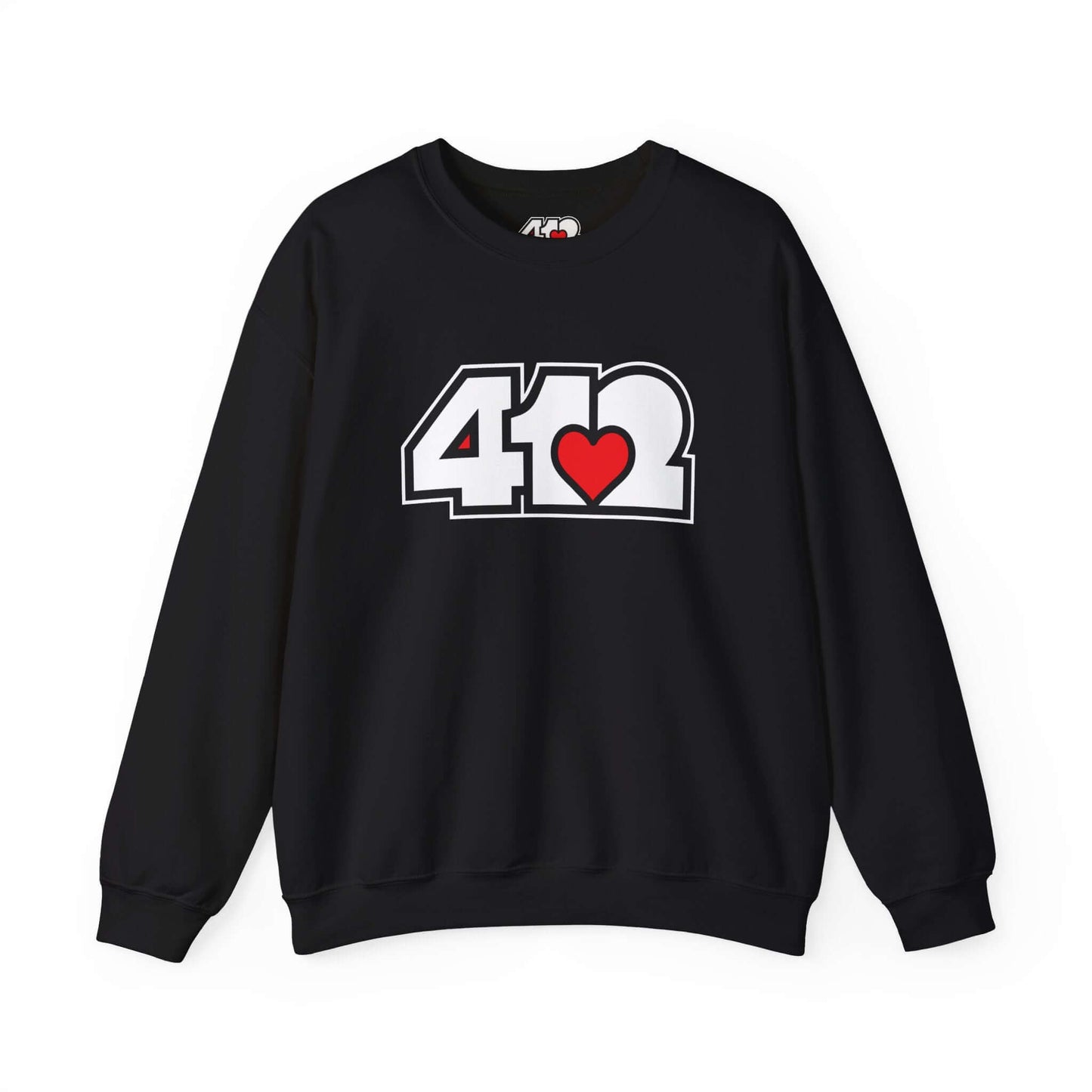 Pittsburgh Crewneck Sweatshirt | White and Red 412 Logo. Apparel Color: Black. A blend of 50% cotton and 50% polyester for cozy durability. With an Elastic ribbed collar, and Double-needle stitching.