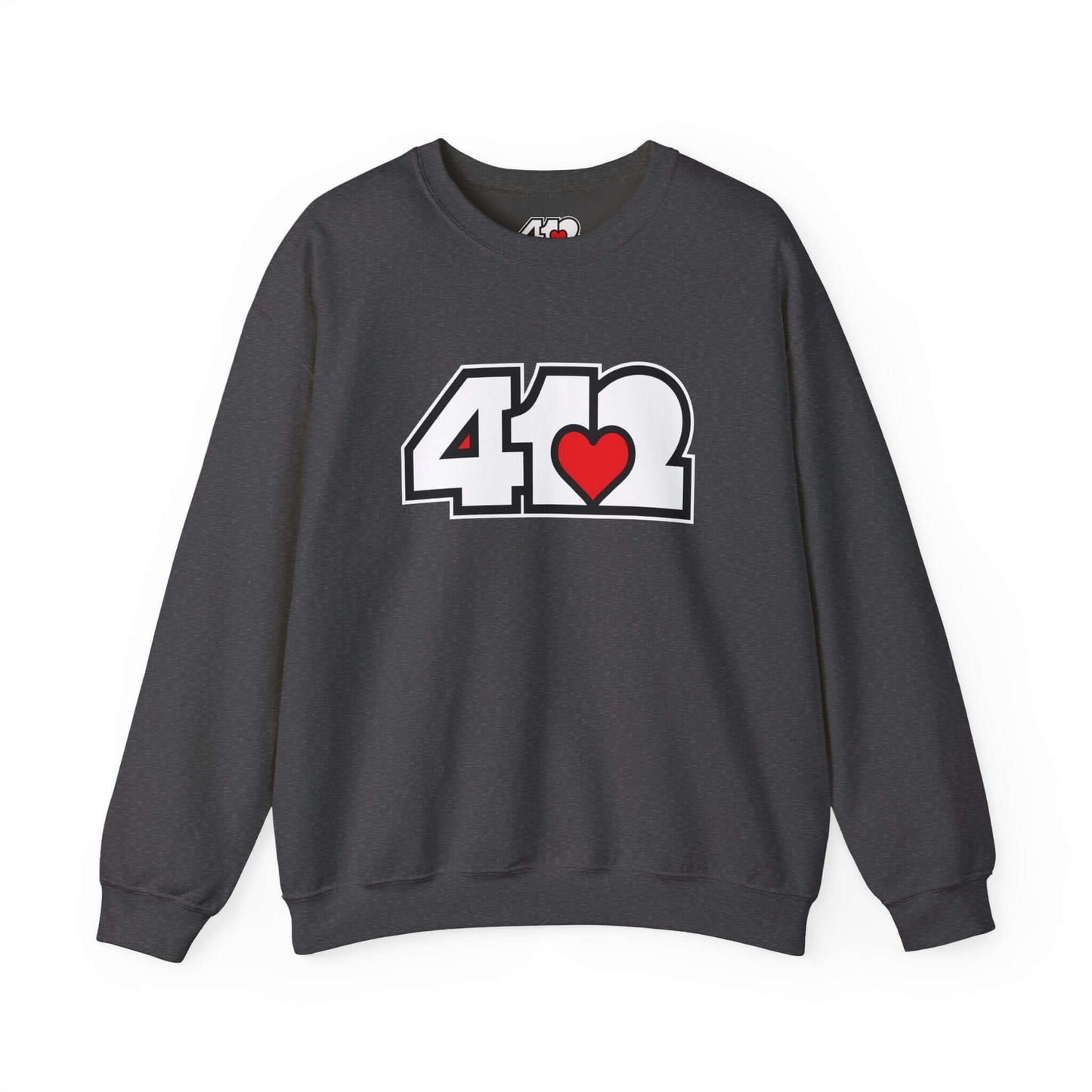 Pittsburgh Crewneck Sweatshirt | White and Red 412 Logo. Apparel Color: Dark Heather. A blend of 50% cotton and 50% polyester for cozy durability. With an Elastic ribbed collar, and Double-needle stitching.