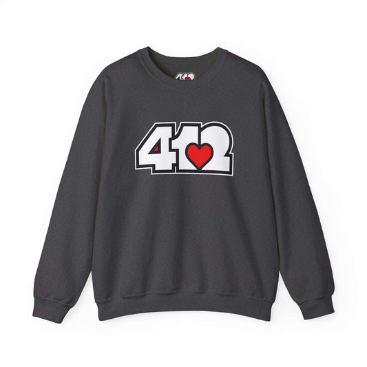 Pittsburgh Crewneck Sweatshirt | White and Red 412 Logo. Apparel Color: Dark Heather. A blend of 50% cotton and 50% polyester for cozy durability. With an Elastic ribbed collar, and Double-needle stitching.