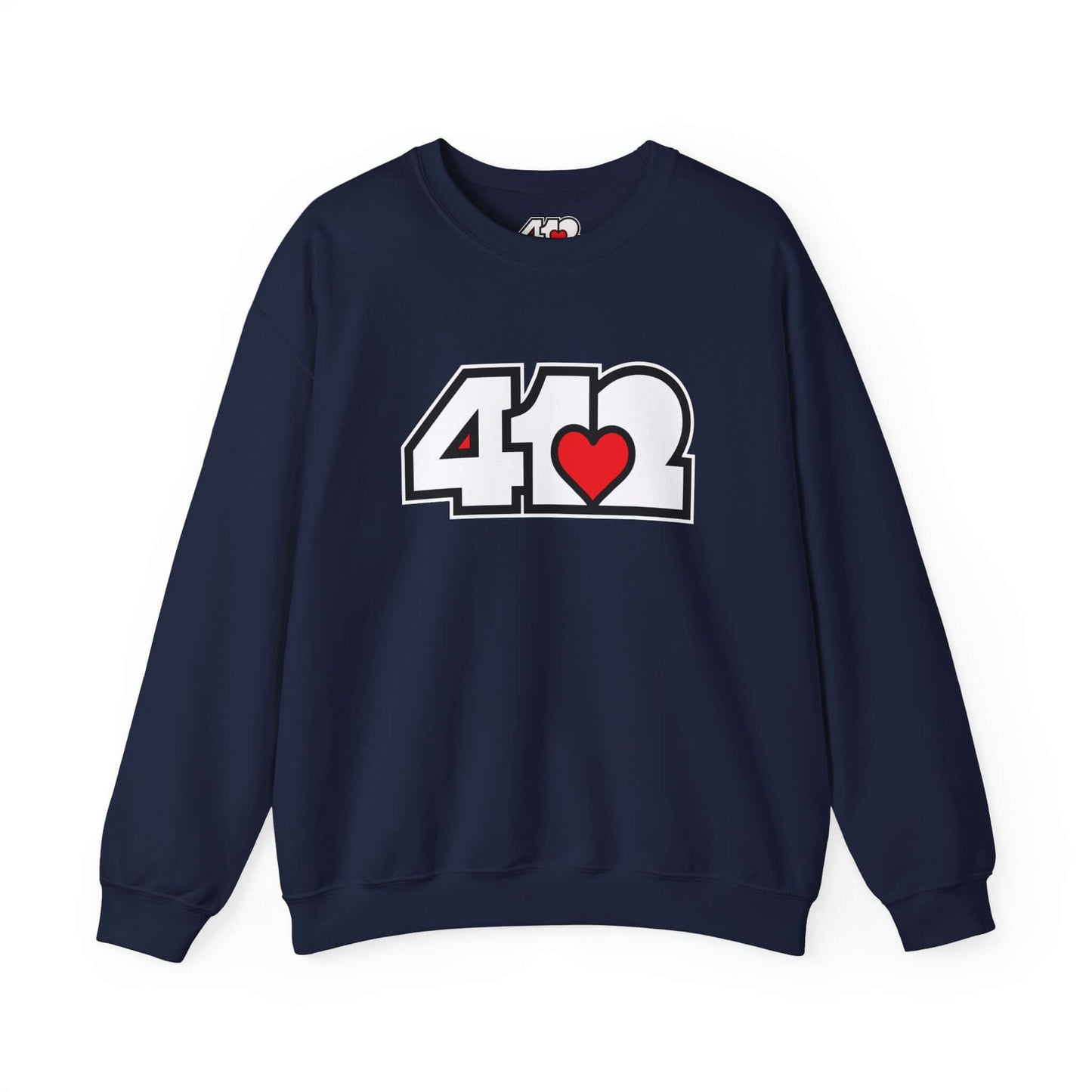 Pittsburgh Crewneck Sweatshirt | White and Red 412 Logo. Apparel Color: Navy. A blend of 50% cotton and 50% polyester for cozy durability. With an Elastic ribbed collar, and Double-needle stitching.