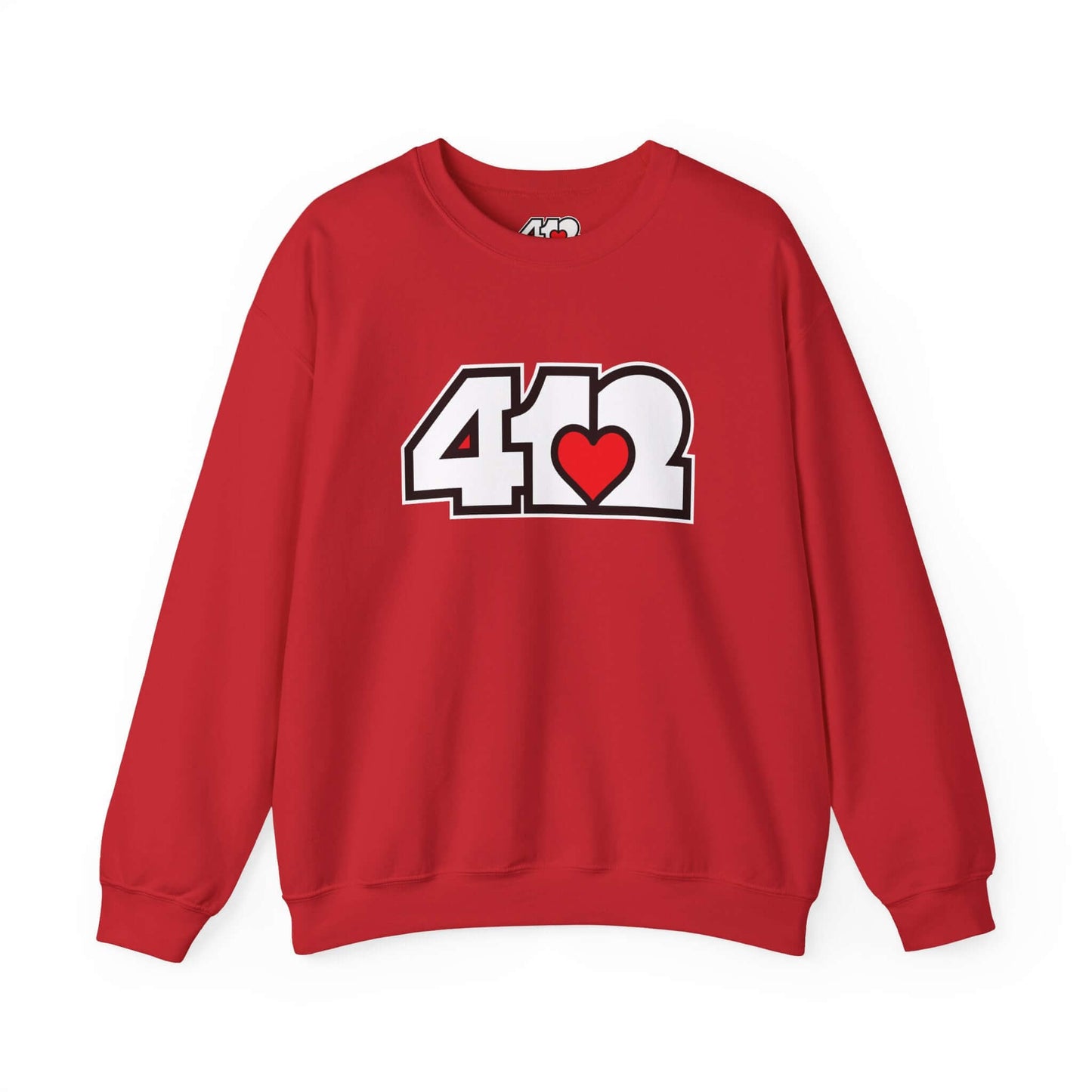 Pittsburgh Crewneck Sweatshirt | White and Red 412 Logo. Apparel Color: Red. A blend of 50% cotton and 50% polyester for cozy durability. With an Elastic ribbed collar, and Double-needle stitching.
