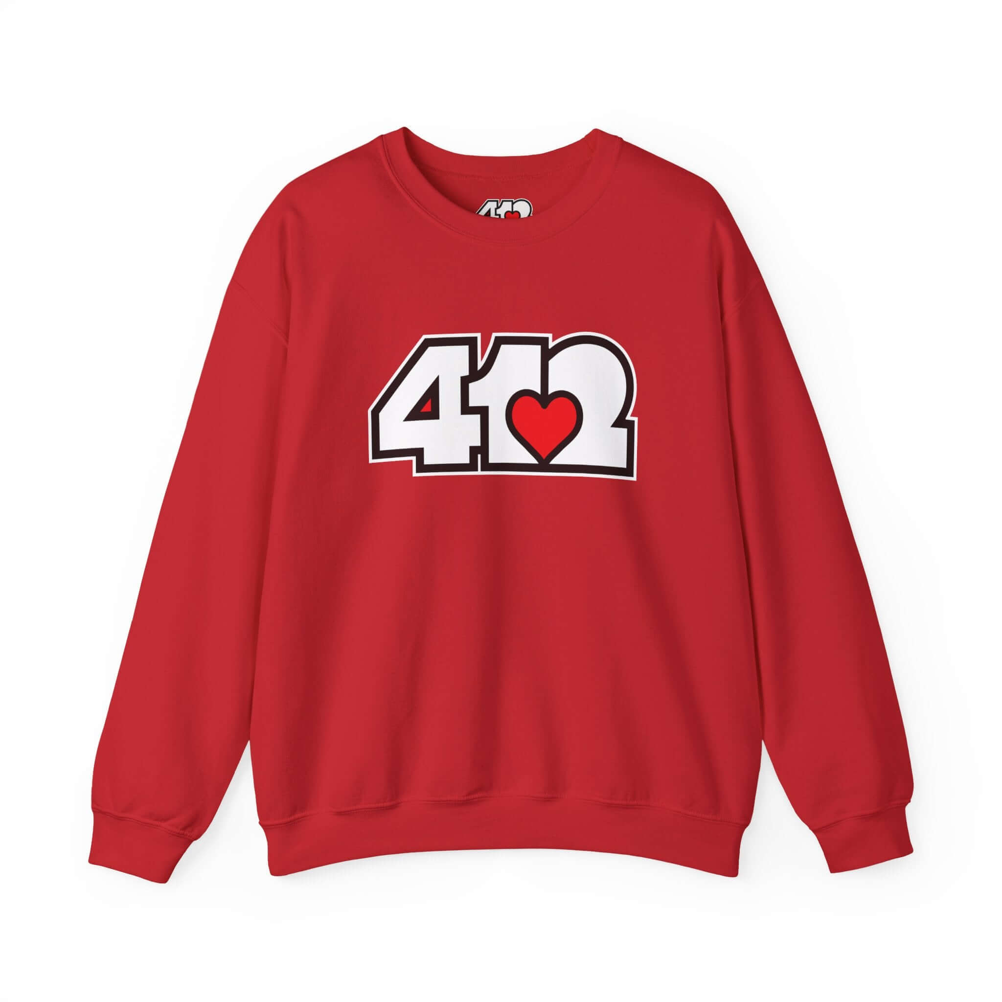 Pittsburgh Crewneck Sweatshirt | White and Red 412 Logo. Apparel Color: Red. A blend of 50% cotton and 50% polyester for cozy durability. With an Elastic ribbed collar, and Double-needle stitching.
