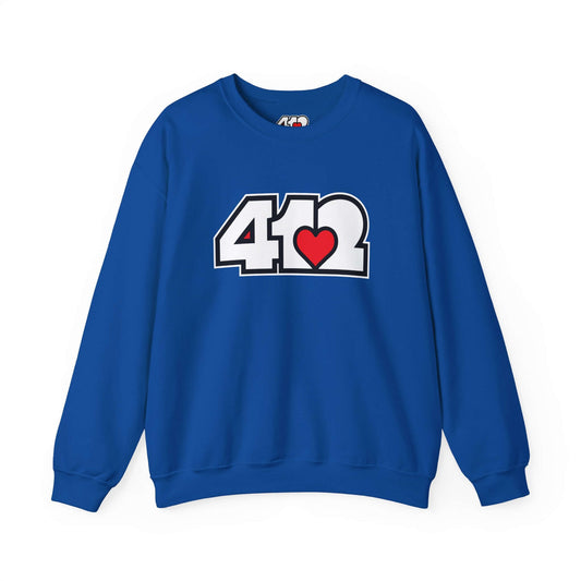 Pittsburgh Crewneck Sweatshirt | White and Red 412 Logo. Apparel Color: Royal. A blend of 50% cotton and 50% polyester for cozy durability. With an Elastic ribbed collar, and Double-needle stitching.