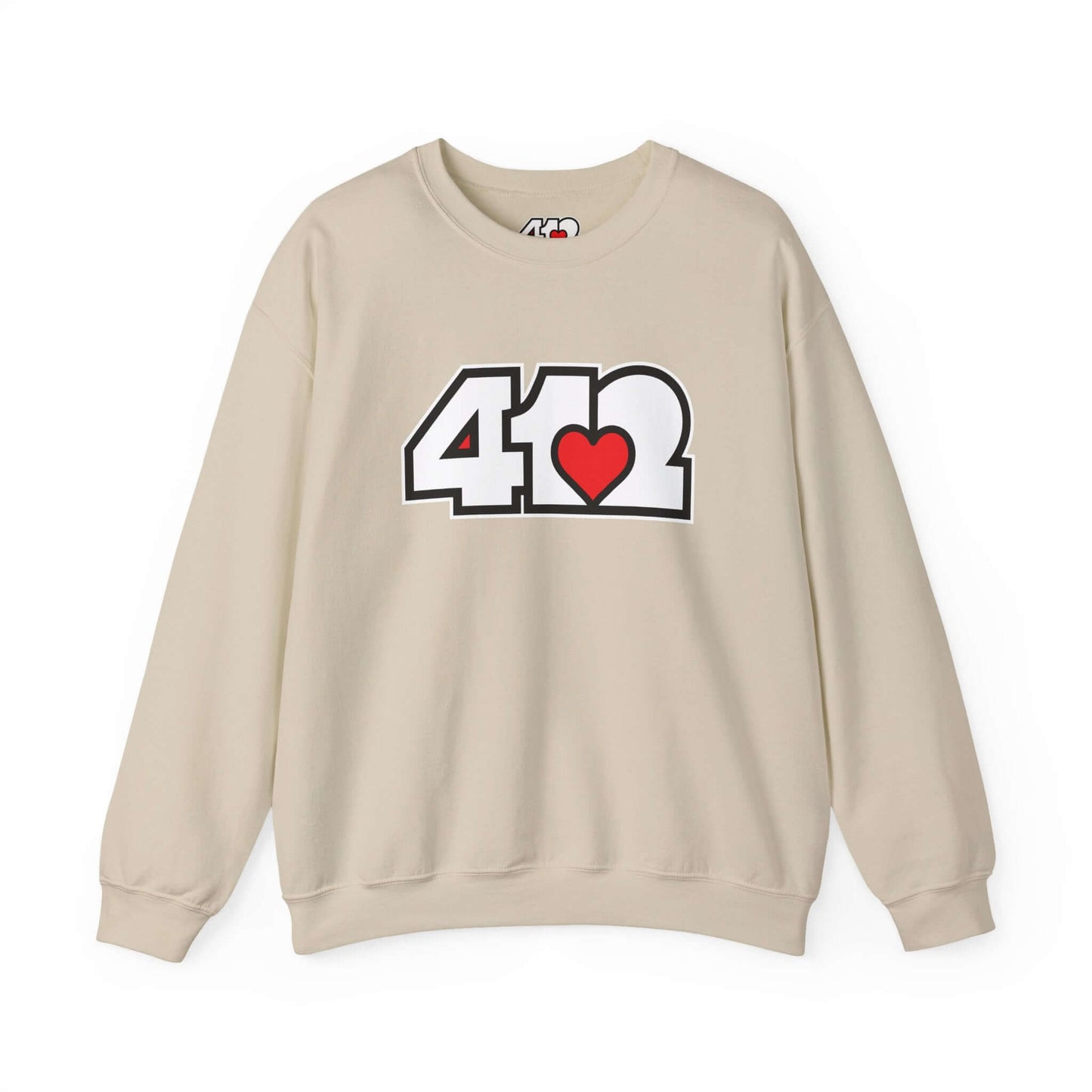 Pittsburgh Crewneck Sweatshirt | White and Red 412 Logo. Apparel Color: Sand. A blend of 50% cotton and 50% polyester for cozy durability. With an Elastic ribbed collar, and Double-needle stitching.