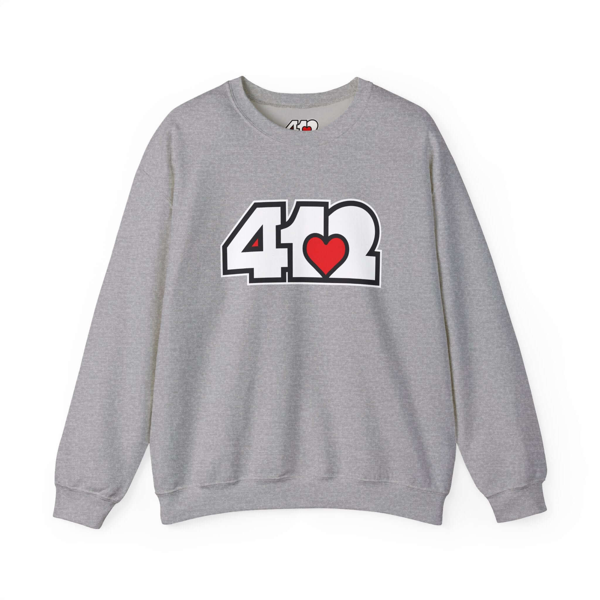 Pittsburgh Crewneck Sweatshirt | White and Red 412 Logo. Apparel Color: Sport Grey. A blend of 50% cotton and 50% polyester for cozy durability. With an Elastic ribbed collar, and Double-needle stitching.