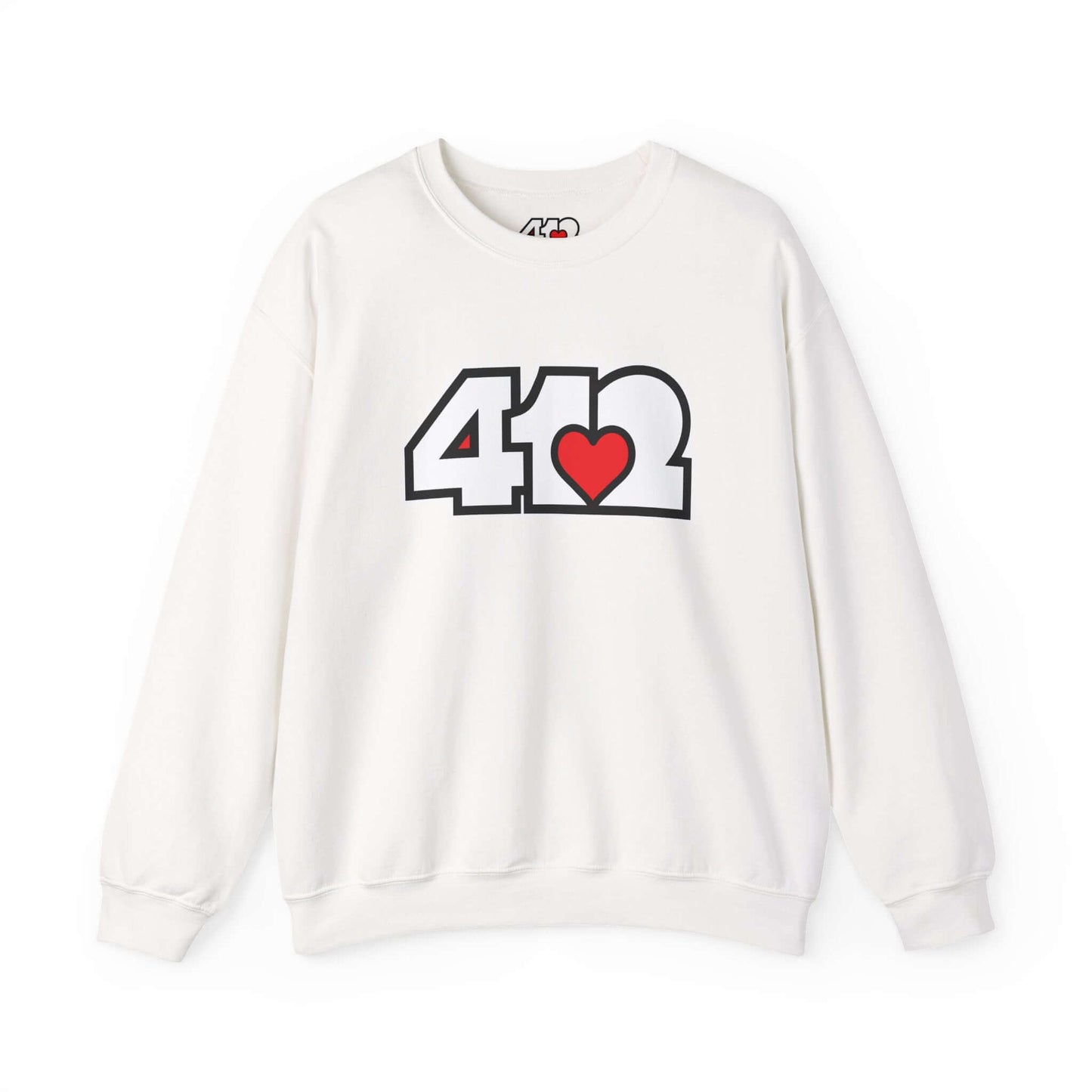 Pittsburgh Crewneck Sweatshirt | White and Red 412 Logo. Apparel Color: White. A blend of 50% cotton and 50% polyester for cozy durability. With an Elastic ribbed collar, and Double-needle stitching.