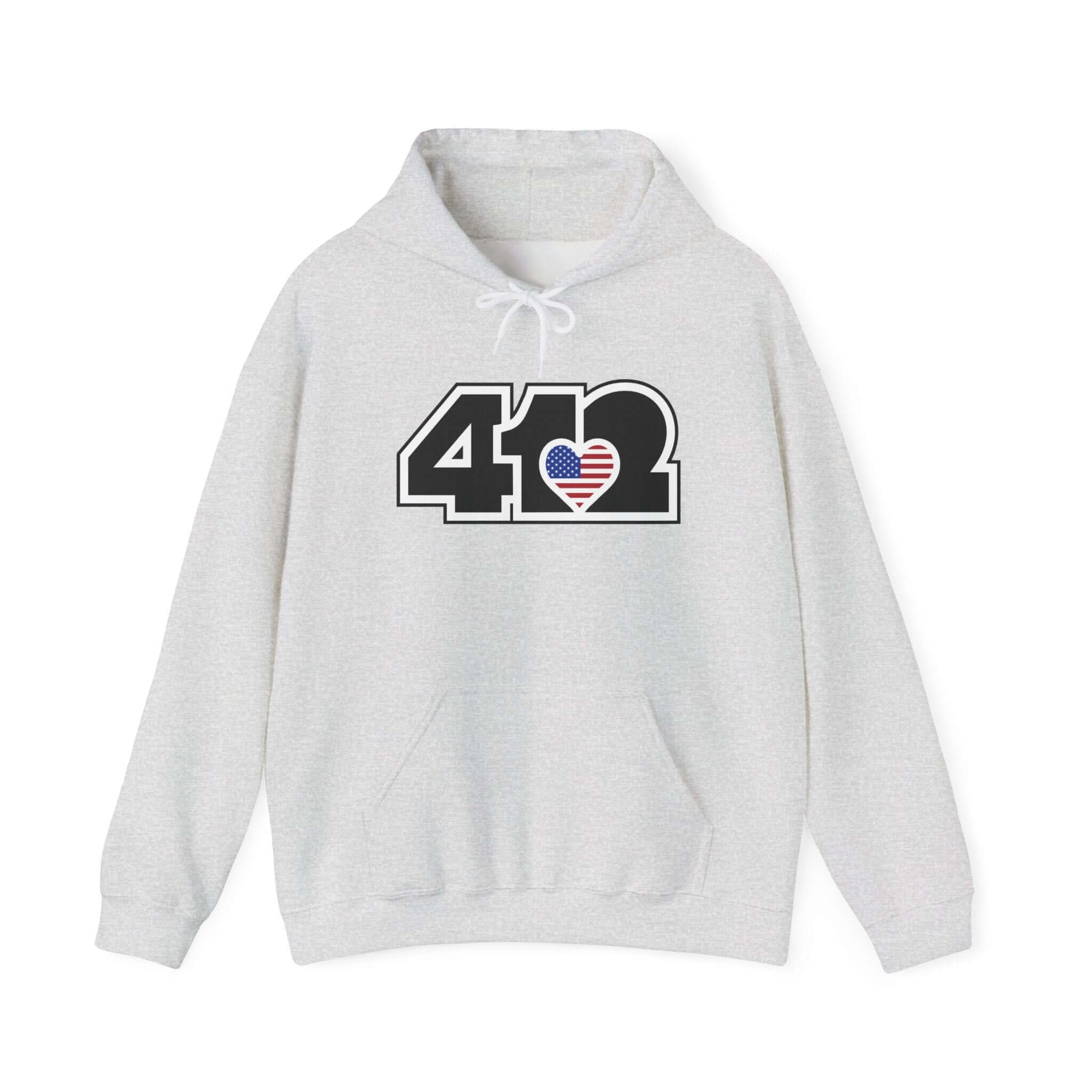 Pittsburgh Hoodie | Black Stars and Stripes 412 Logo Apparel Color: Ash. 50/50 cotton-poly blend, cozy fit, kangaroo pocket, adjustable drawstring hood.