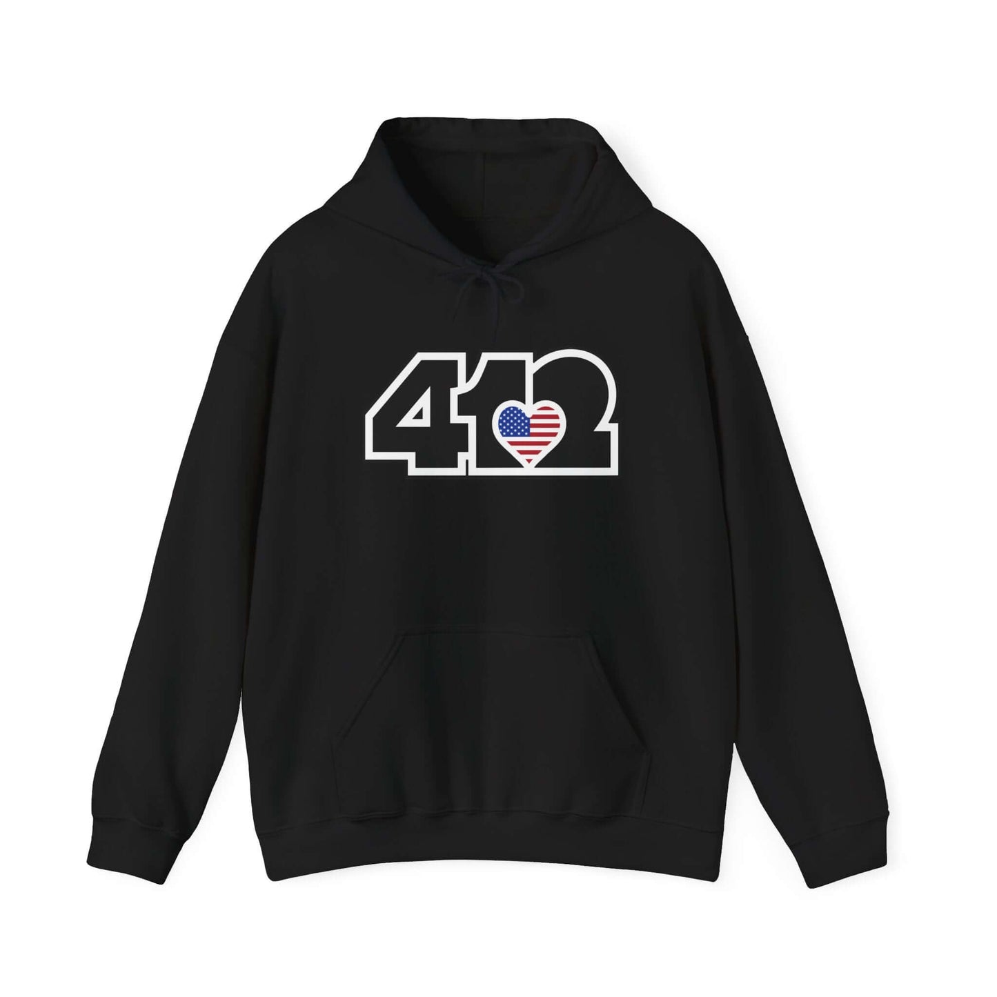 Pittsburgh Hoodie | Black Stars and Stripes 412 Logo Apparel Color: Black. 50/50 cotton-poly blend, cozy fit, kangaroo pocket, adjustable drawstring hood.