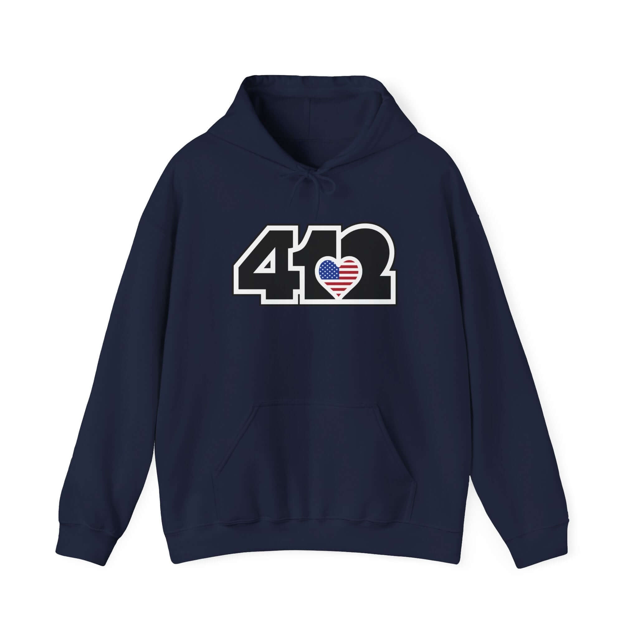 Pittsburgh Hoodie | Black Stars and Stripes 412 Logo Apparel Color: Navy. 50/50 cotton-poly blend, cozy fit, kangaroo pocket, adjustable drawstring hood.
