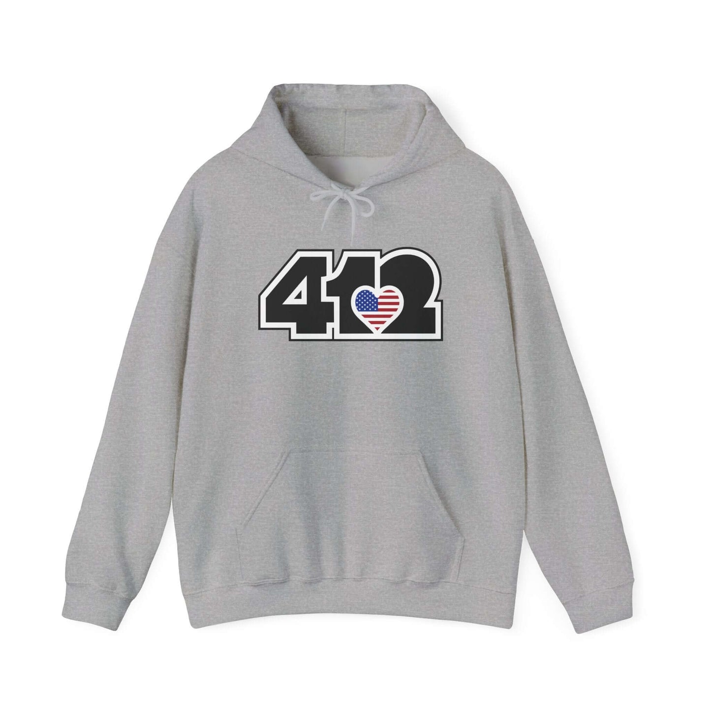 Pittsburgh Hoodie | Black Stars and Stripes 412 Logo Apparel Color: Sport Grey. 50/50 cotton-poly blend, cozy fit, kangaroo pocket, adjustable drawstring hood.