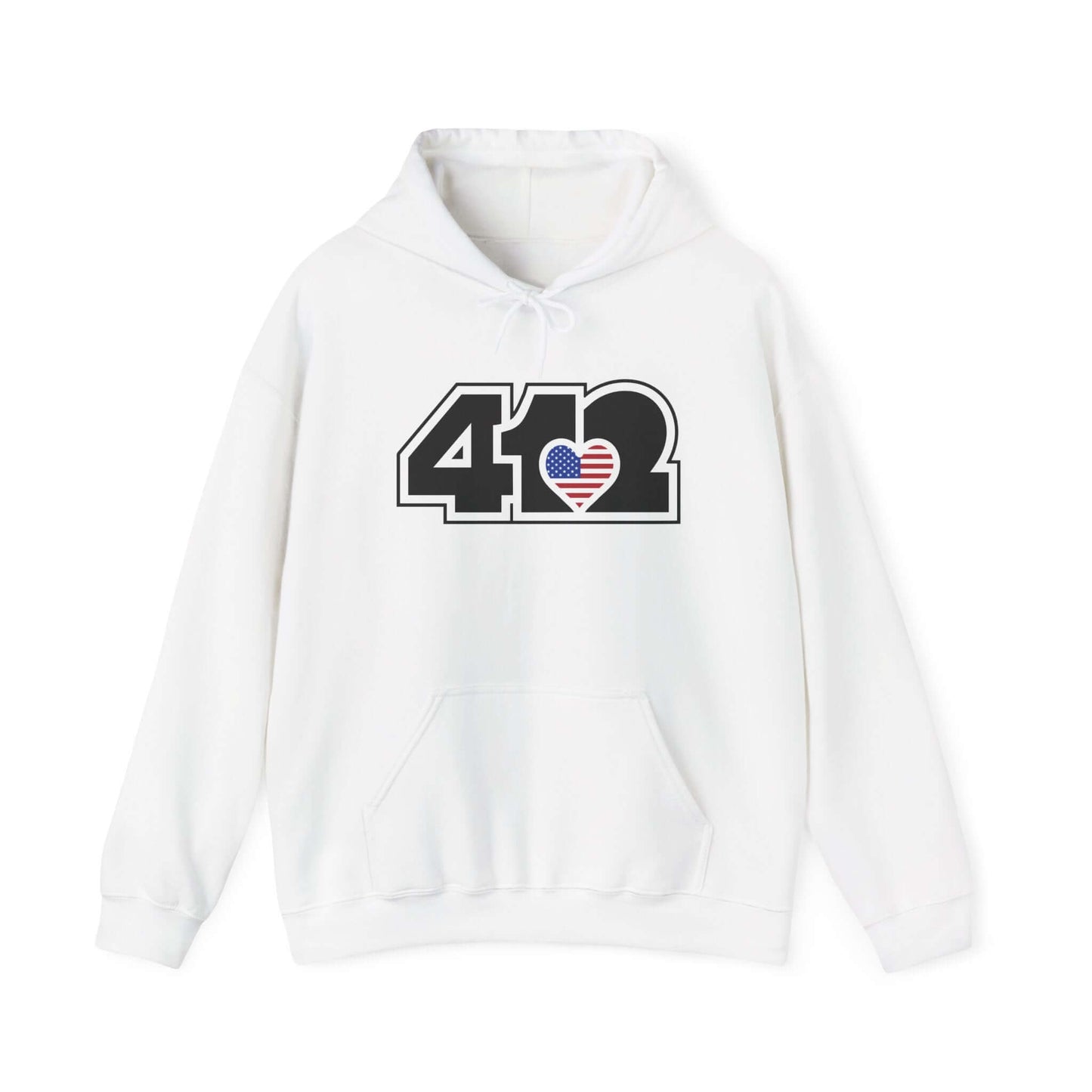 Pittsburgh Hoodie | Black Stars and Stripes 412 Logo Apparel Color: White. 50/50 cotton-poly blend, cozy fit, kangaroo pocket, adjustable drawstring hood.