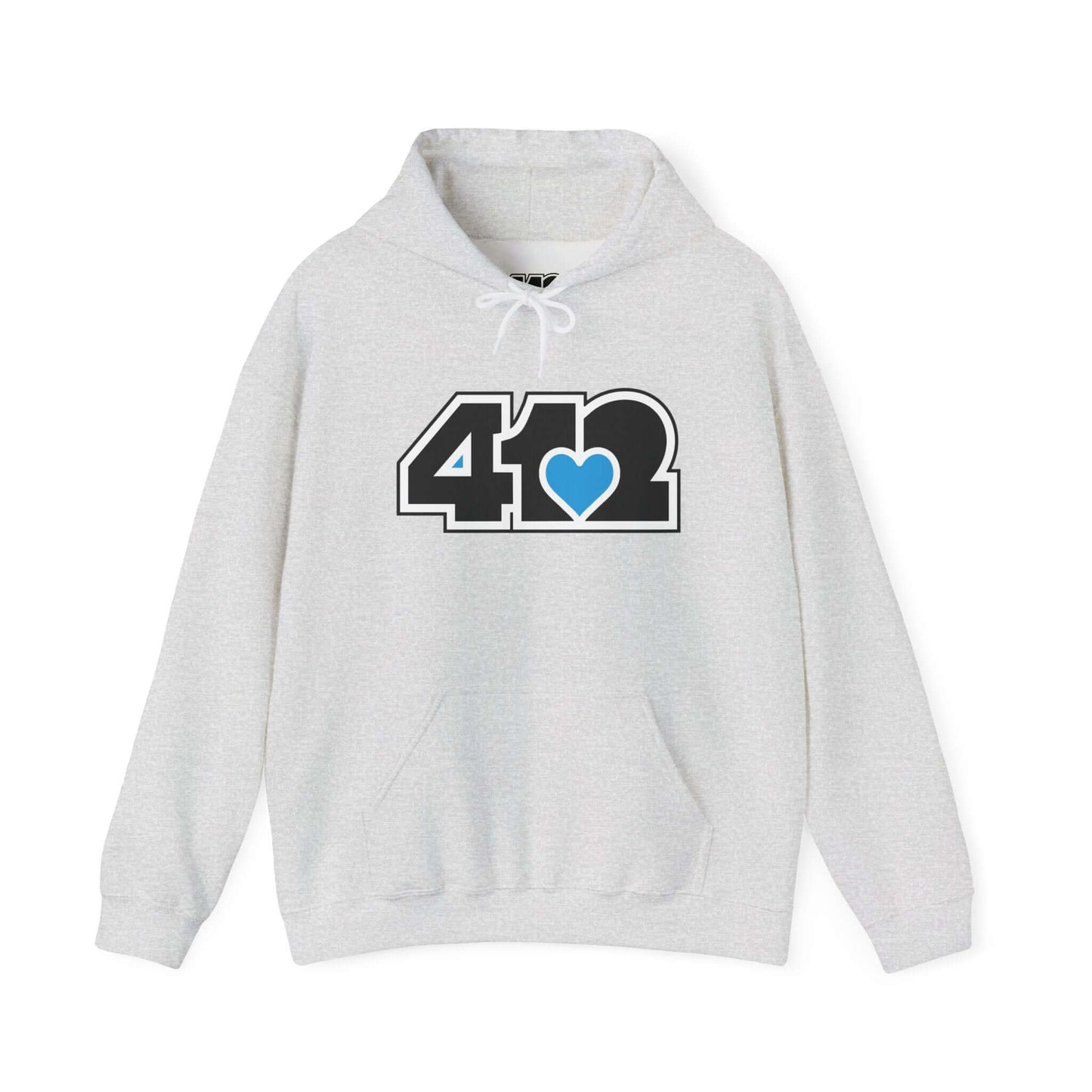 Pittsburgh Hoodie | Black and Blue 412 Logo. Apparel Color: Ash. 50/50 cotton-poly blend, cozy fit, kangaroo pocket, adjustable drawstring hood.