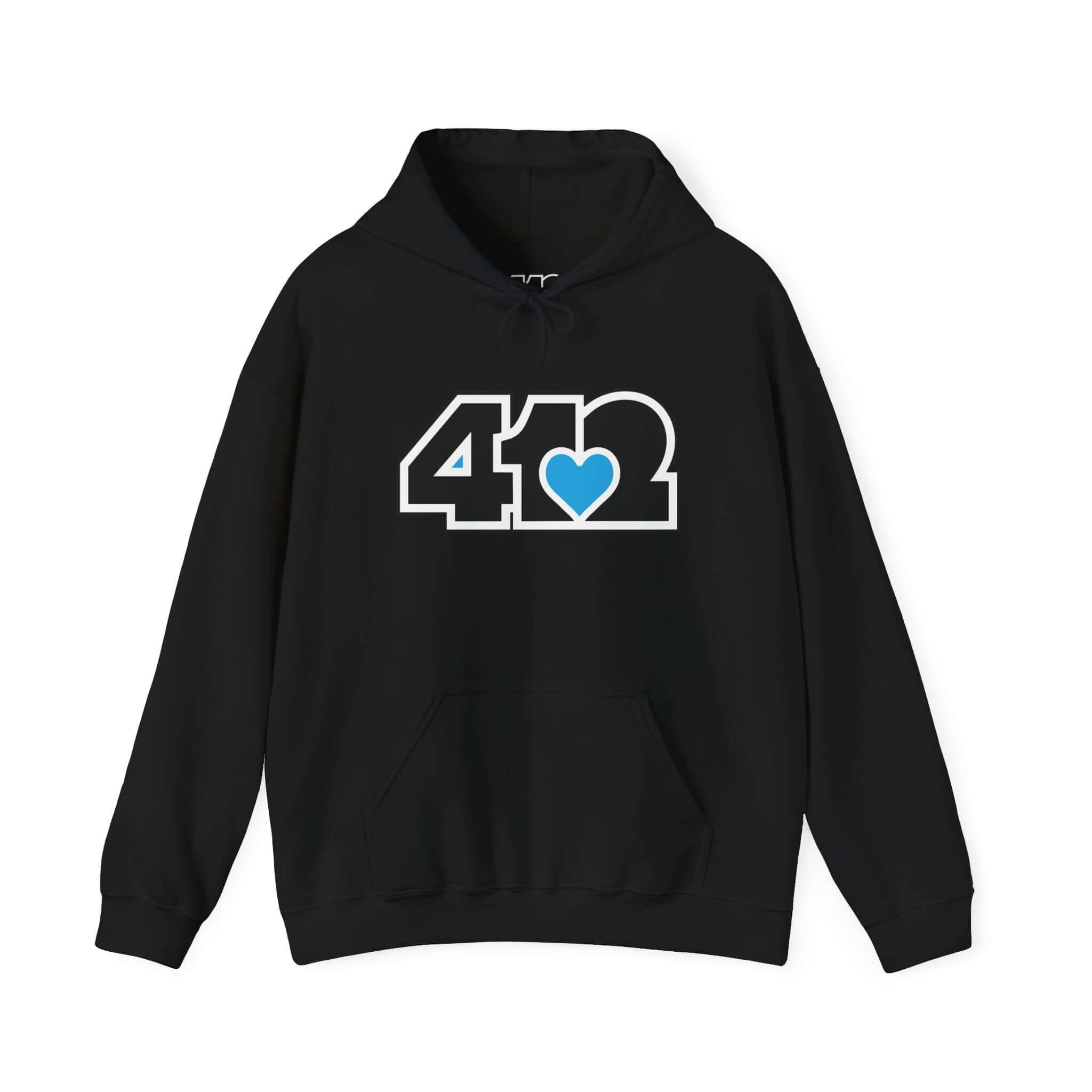 Pittsburgh Hoodie | Black and Blue 412 Logo. Apparel Color: Black. 50/50 cotton-poly blend, cozy fit, kangaroo pocket, adjustable drawstring hood.