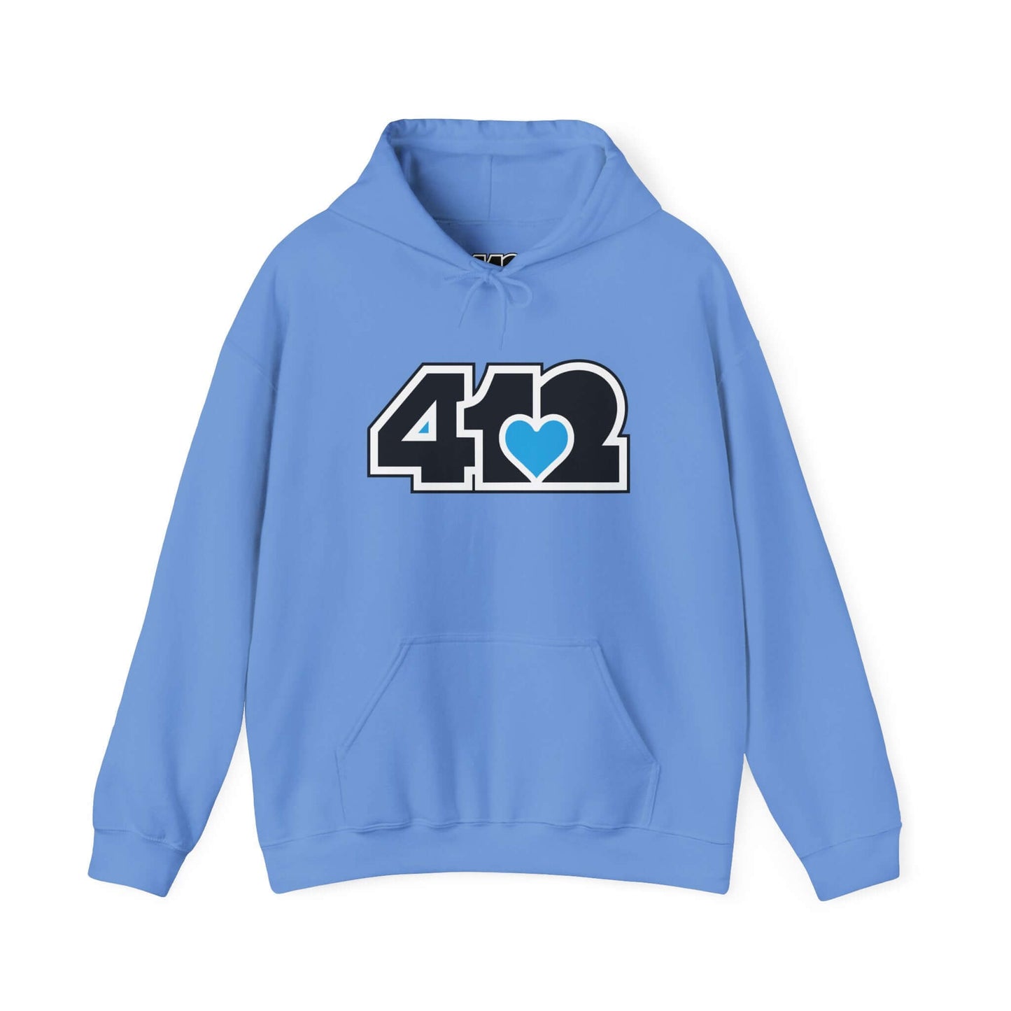 Pittsburgh Hoodie | Black and Blue 412 Logo. Apparel Color: Carolina Blue. 50/50 cotton-poly blend, cozy fit, kangaroo pocket, adjustable drawstring hood.