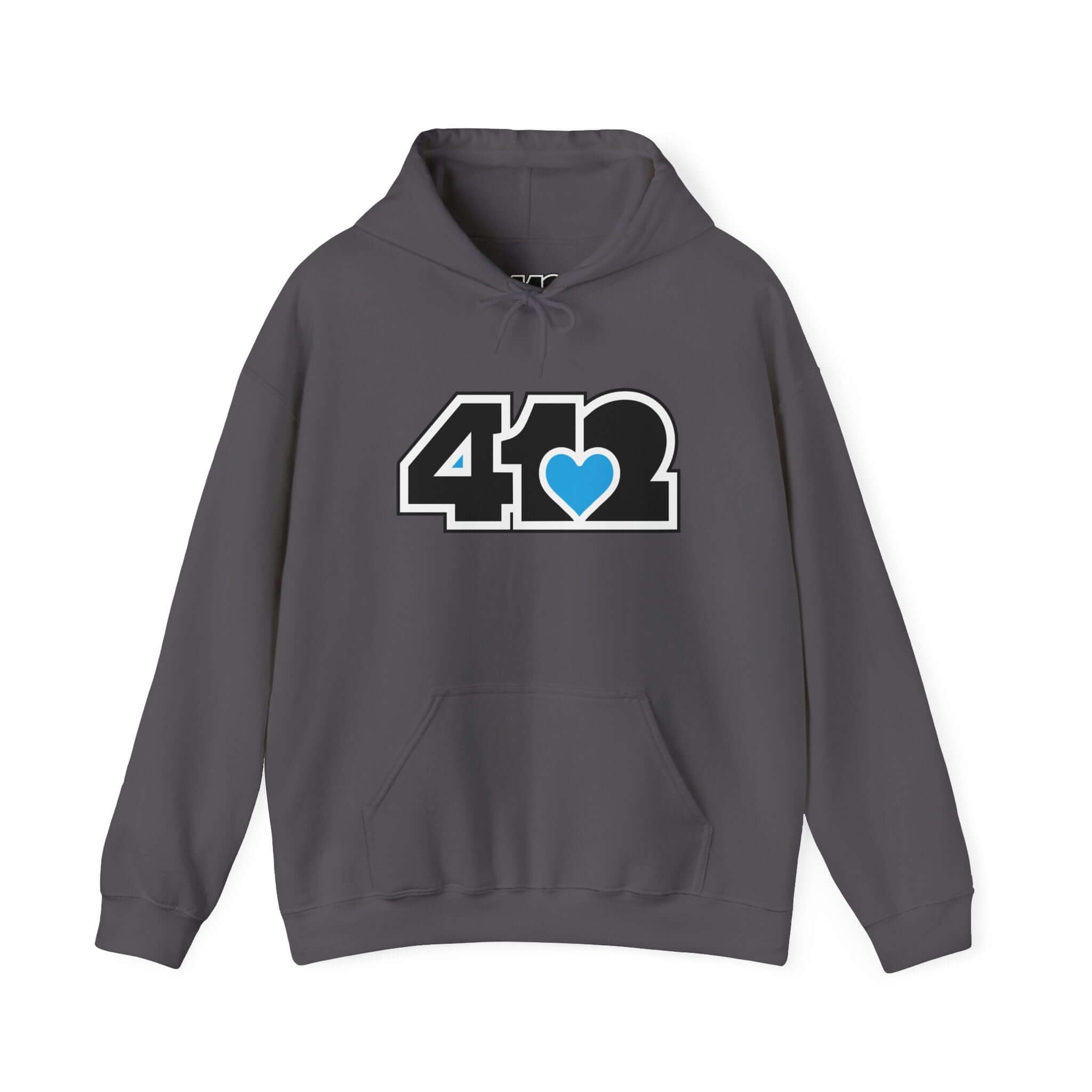 Pittsburgh Hoodie | Black and Blue 412 Logo. Apparel Color: Charcoal. 50/50 cotton-poly blend, cozy fit, kangaroo pocket, adjustable drawstring hood.